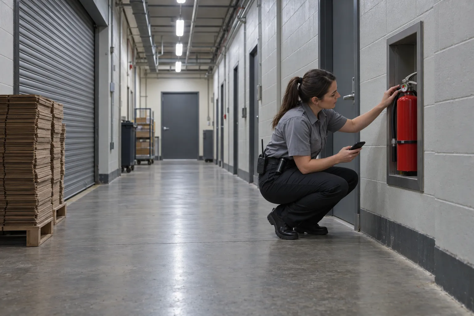 A security guard crouching to check a fire extinguisher gauge in a plaza's back service corridor in the evening.