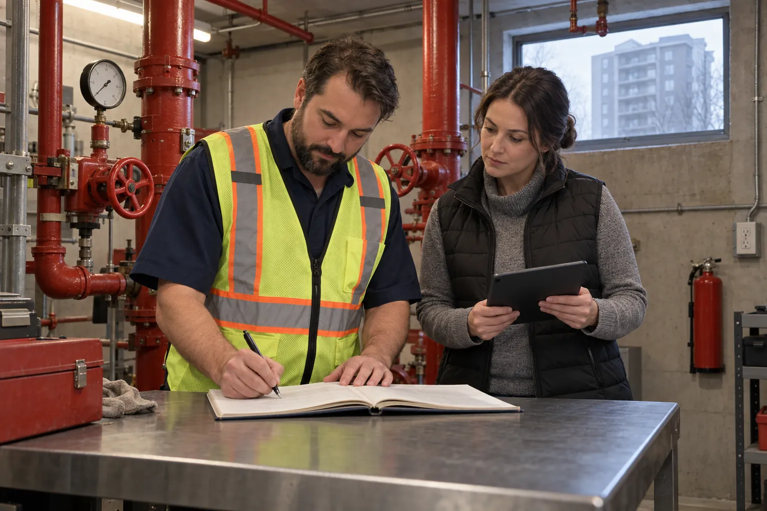 A fire protection technician signing a log book on a workbench while a property manager watches, in a sprinkler room with red riser pipes.