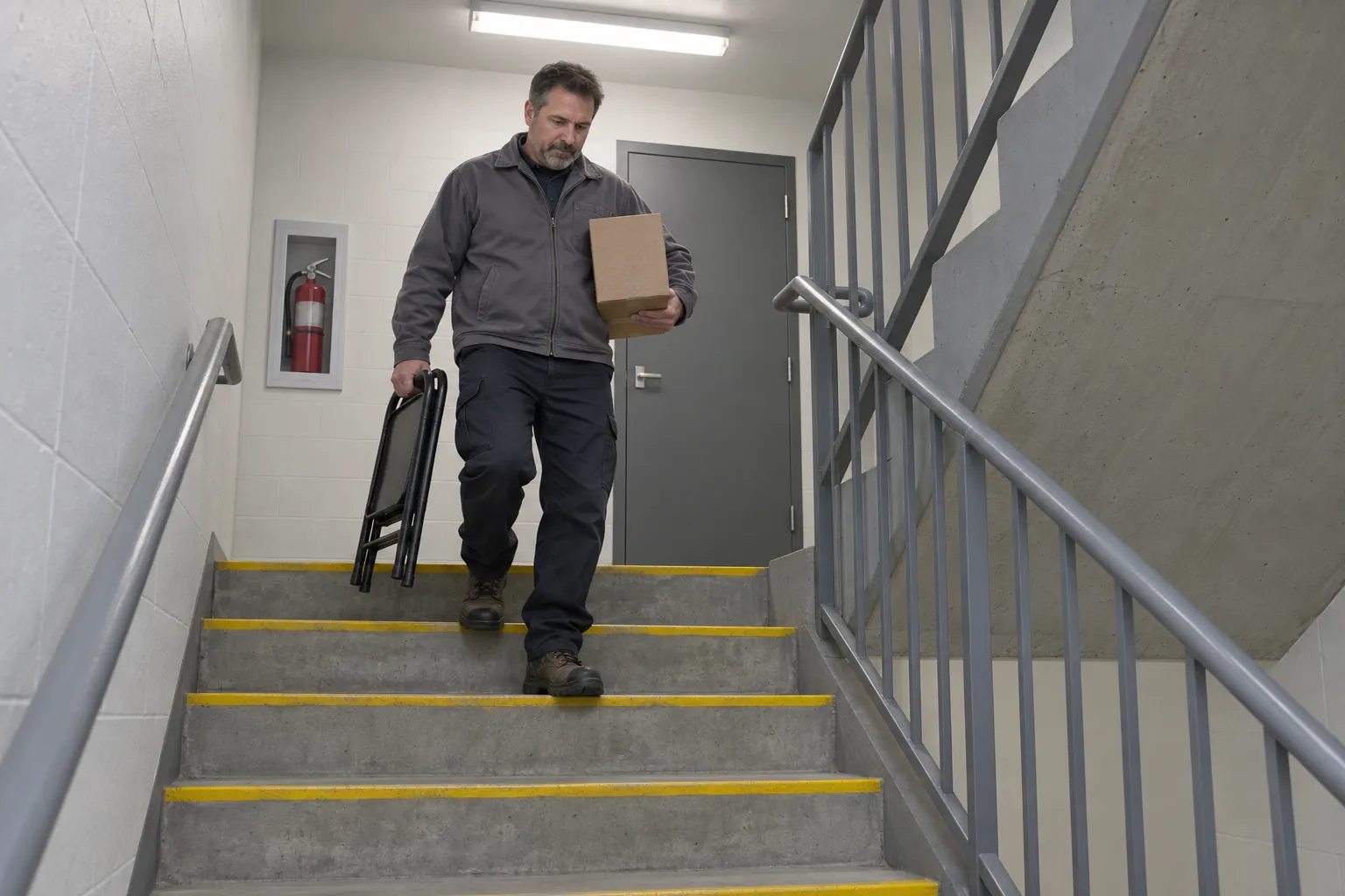 A building superintendent carrying a stored chair and box down from a condominium stair landing to keep the exit stair clear.