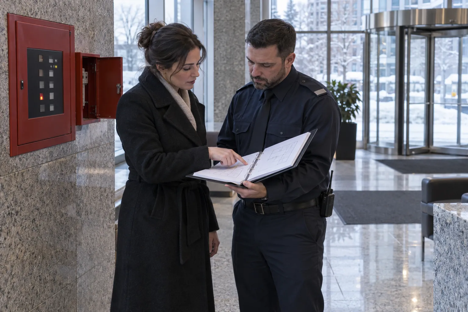 A property manager and a security guard reading a binder beside the fire alarm panel in an office lobby on a snowy morning.