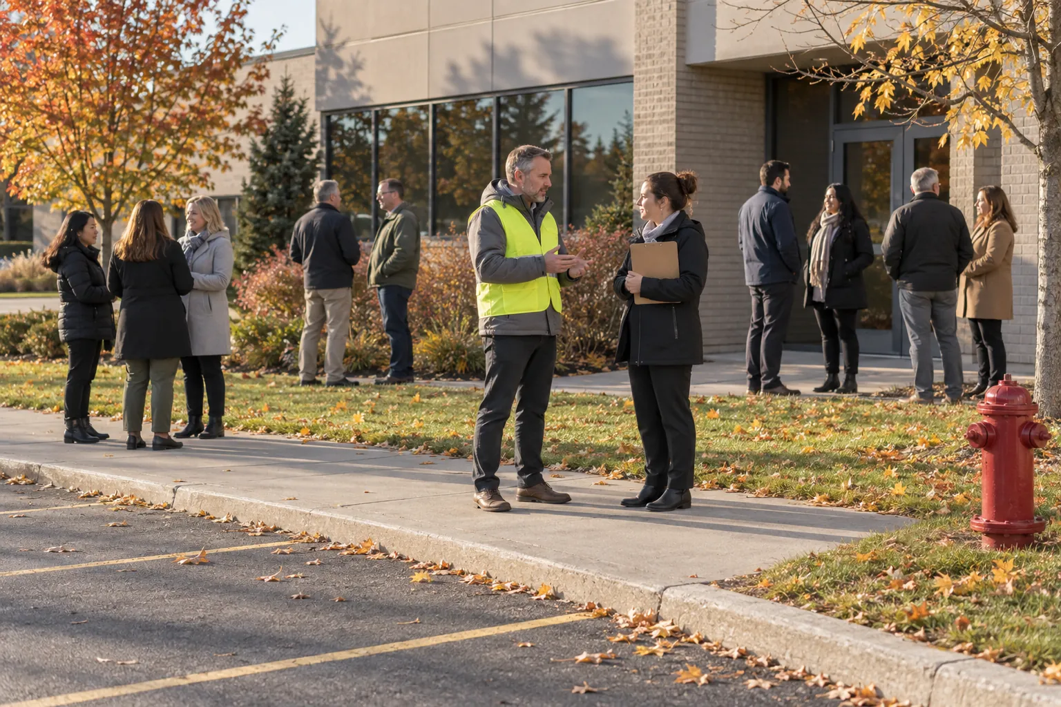 A chief fire warden and a deputy with a clipboard at an outdoor assembly area as office staff wait after a fire drill.
