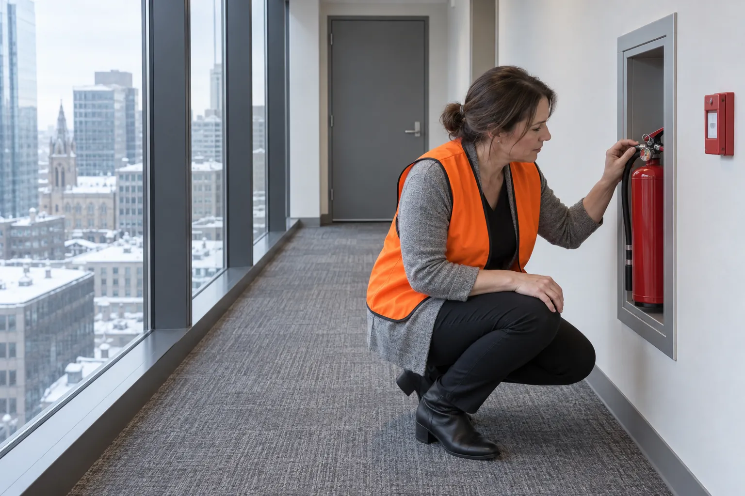 A floor warden in an orange vest checking an extinguisher in a wall cabinet at the end of an office corridor.