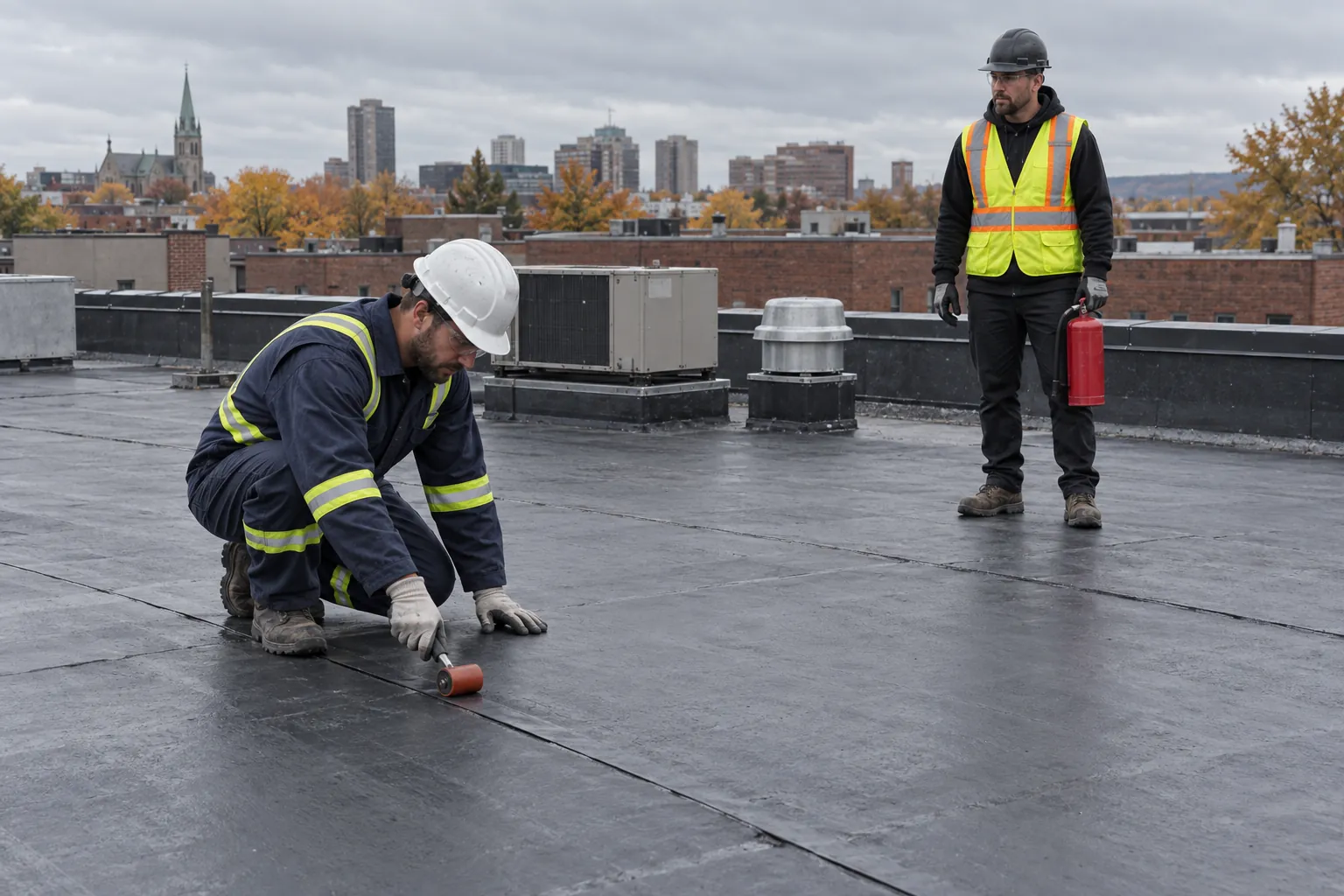A fire watcher holding an extinguisher on a flat roof while a roofer finishes a membrane seam.