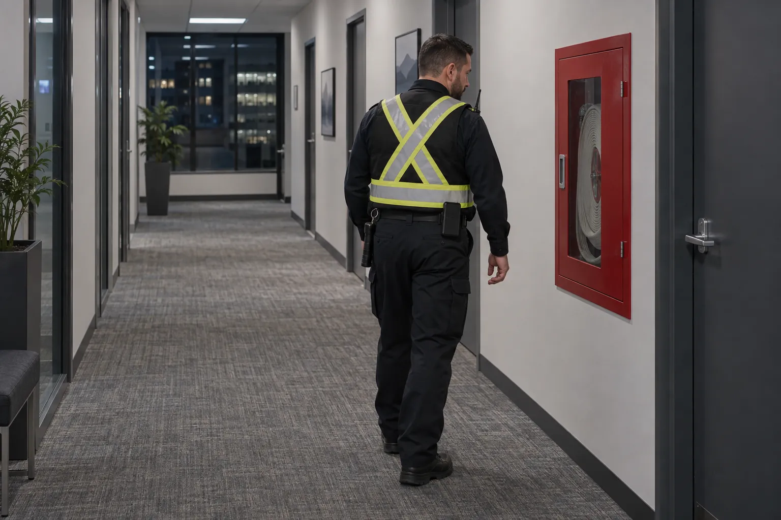 A security guard on a night fire watch checking a fire hose cabinet in an office corridor.
