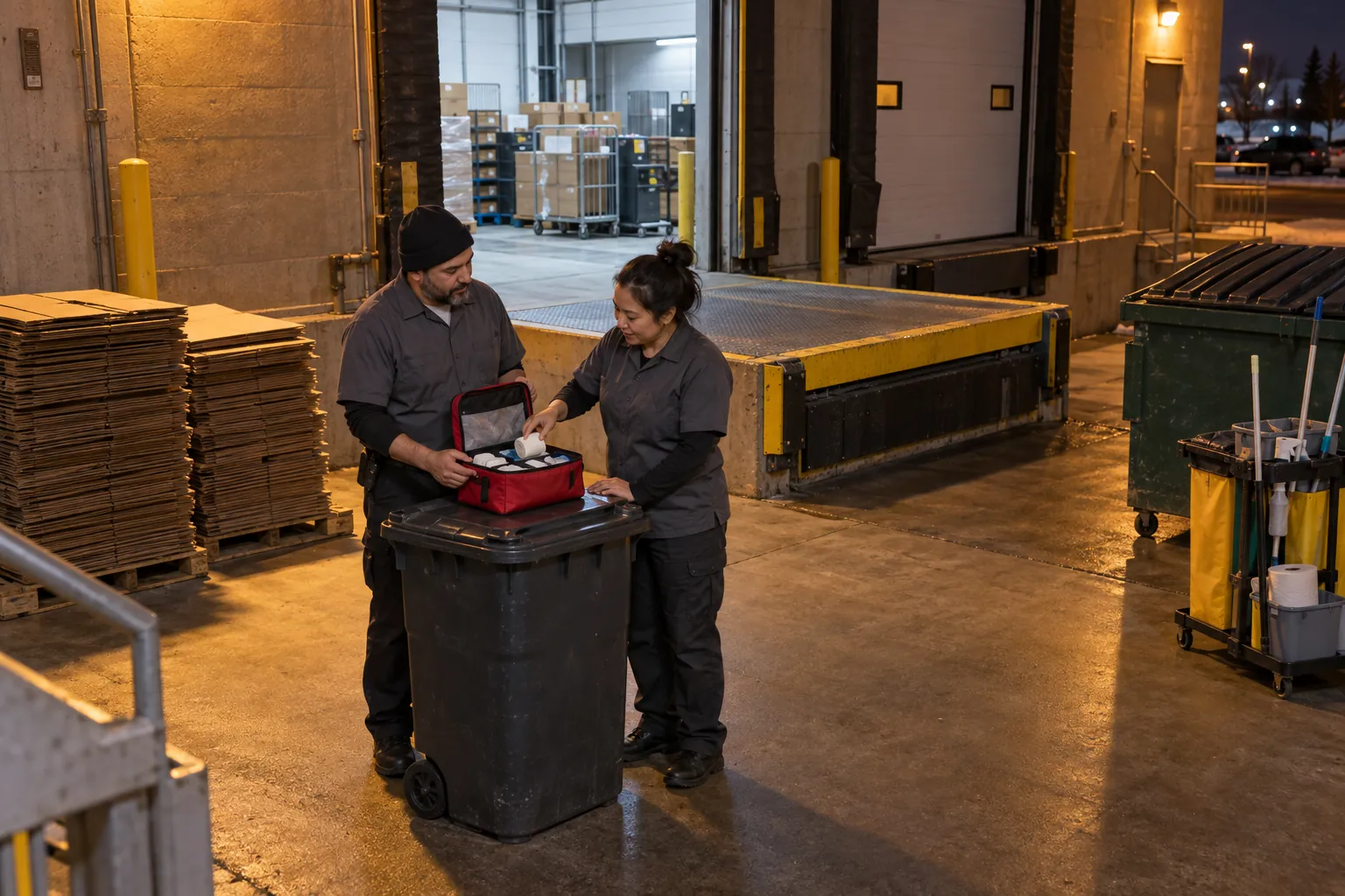 Two night cleaners at a shopping centre loading dock looking through an open red first aid bag resting on a rolling bin.