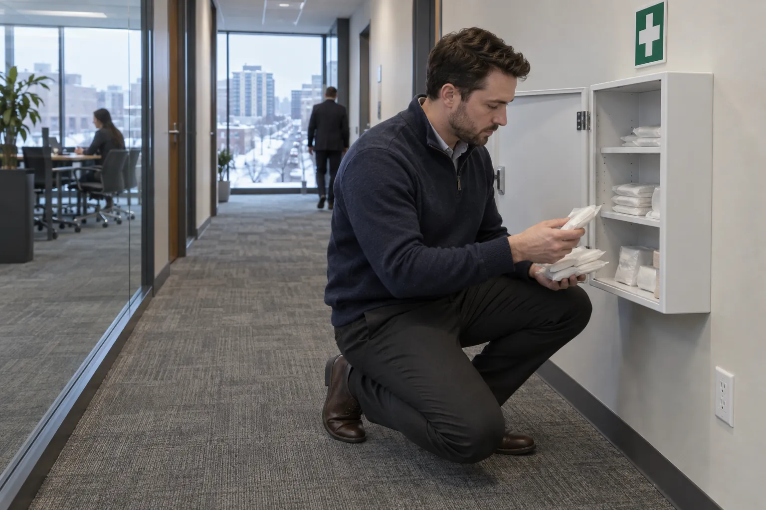 A property management staff member kneeling at an open wall-mounted first aid cabinet in an office corridor, checking the sealed dressings inside.