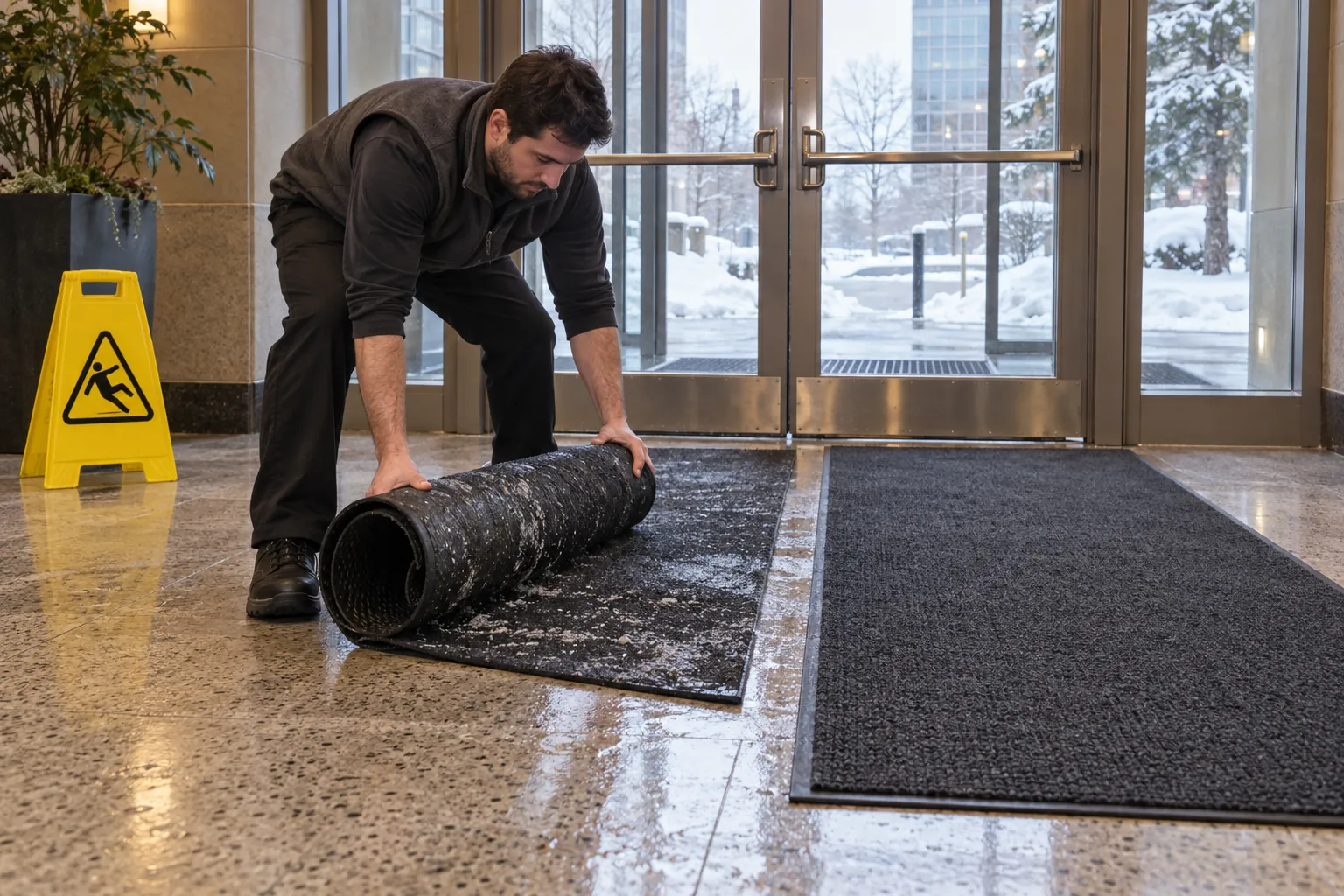 A porter rolling up a wet, salt-marked entrance mat in an office lobby vestibule, with snow outside the glass doors.