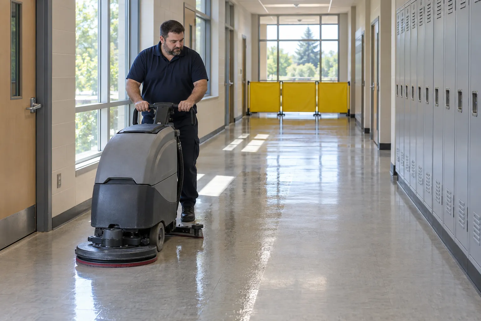 A custodian guiding an auto-scrubber along a school corridor lined with lockers, a barrier closing the far end.