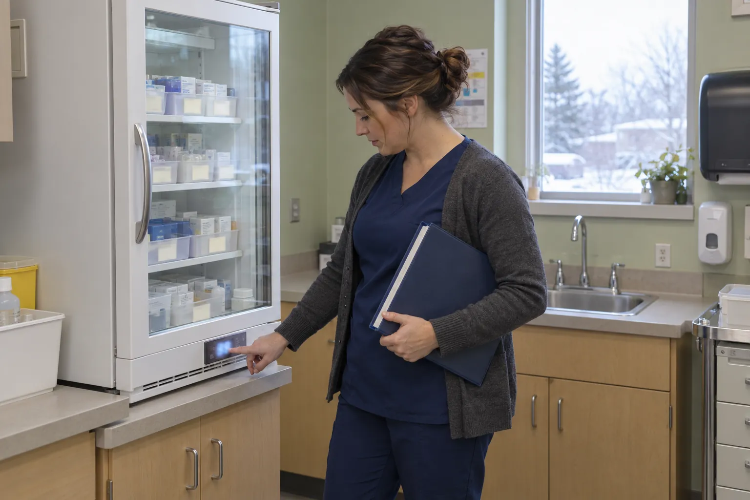 A nurse checking the display of a glass-fronted medication refrigerator in a care home treatment room, a binder under her arm.