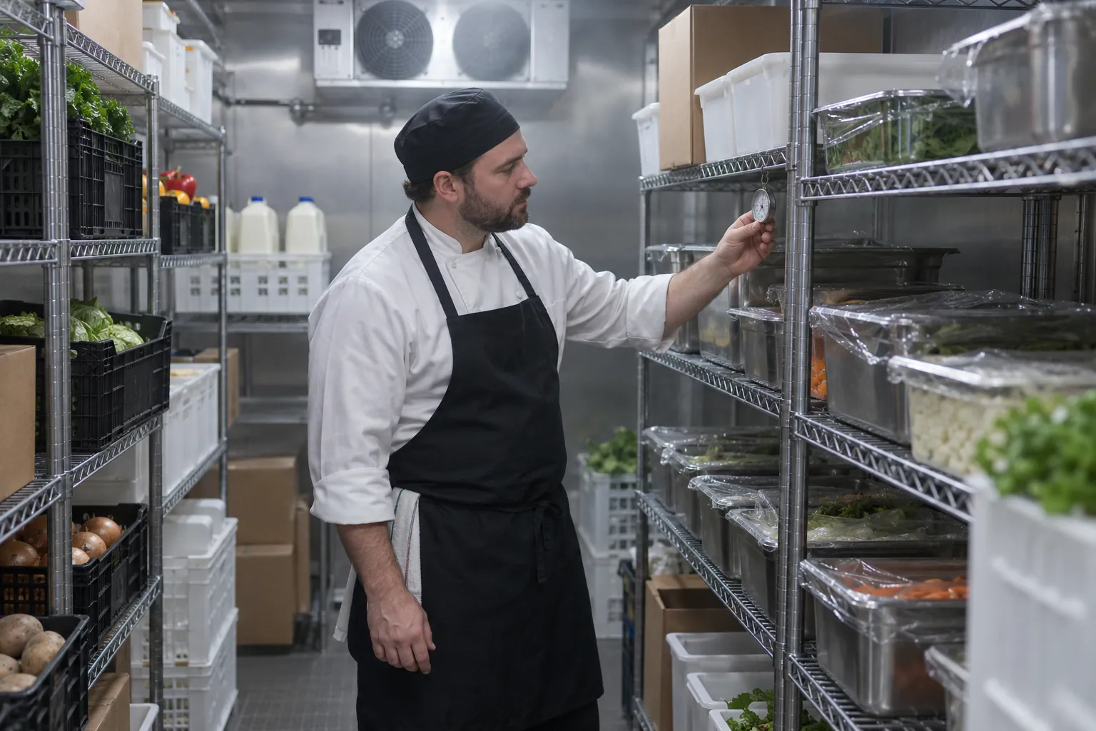 A cook inside a walk-in cooler between shelves of covered food pans, checking a dial thermometer hanging from a shelf.