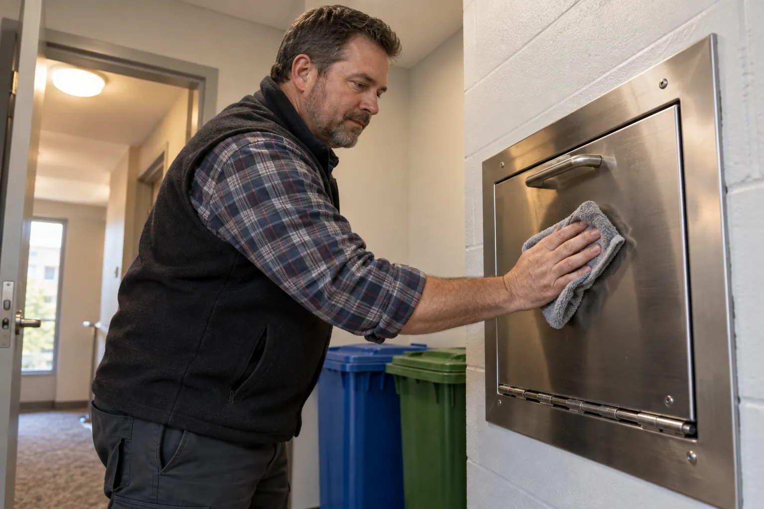 A building superintendent wiping the steel hopper door of a garbage chute in a small intake room beside recycling and organics bins.
