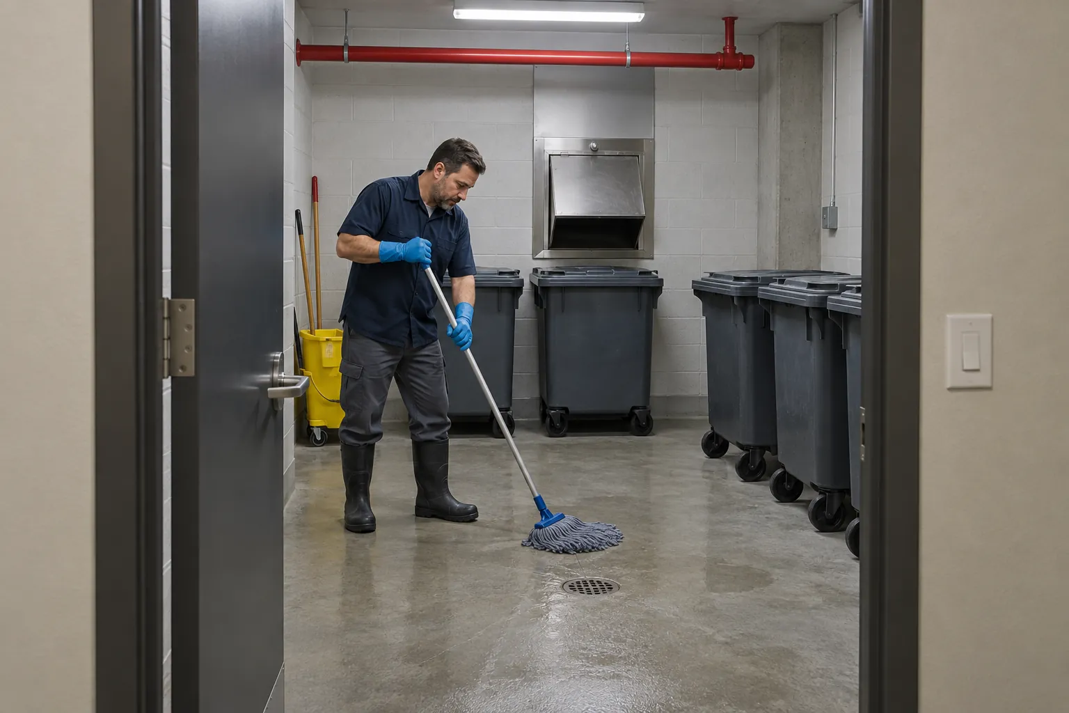 A custodian in rubber boots and gloves mopping the concrete floor of a basement garbage room beside a row of wheeled carts under a steel chute outlet.