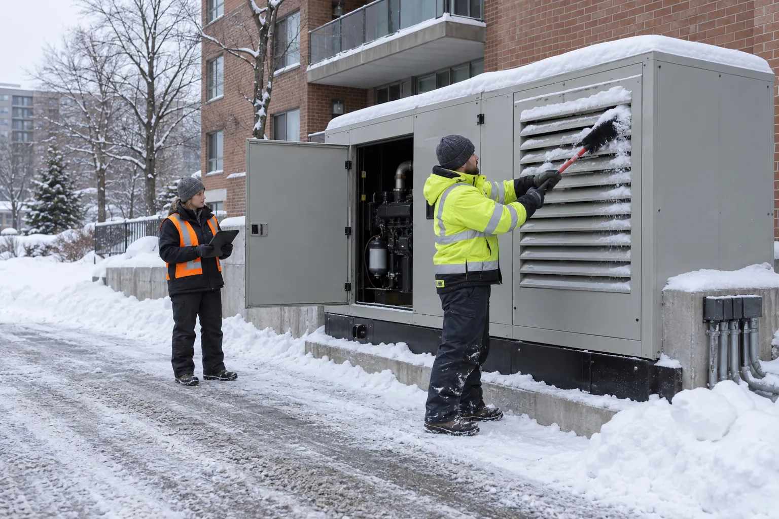 A technician in a winter parka clears snow from the louvre of an outdoor generator enclosure beside an apartment building, with a colleague waiting by the open door.