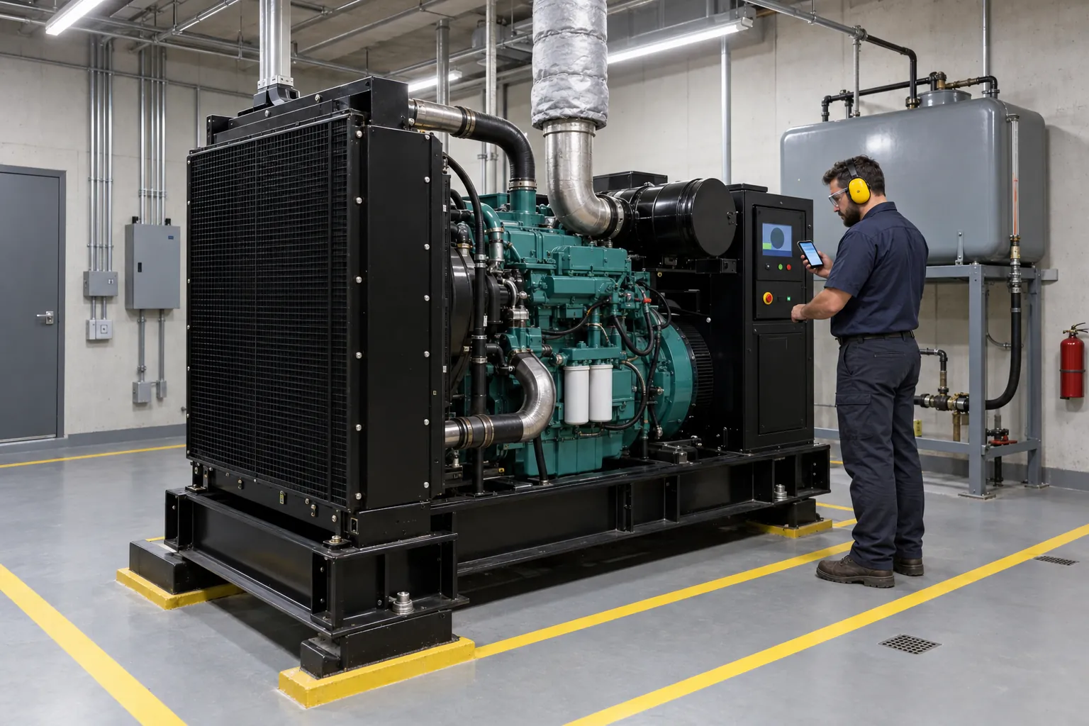 A building operator wearing ear defenders checks the control panel of a running diesel generator in a basement generator room, holding a phone.