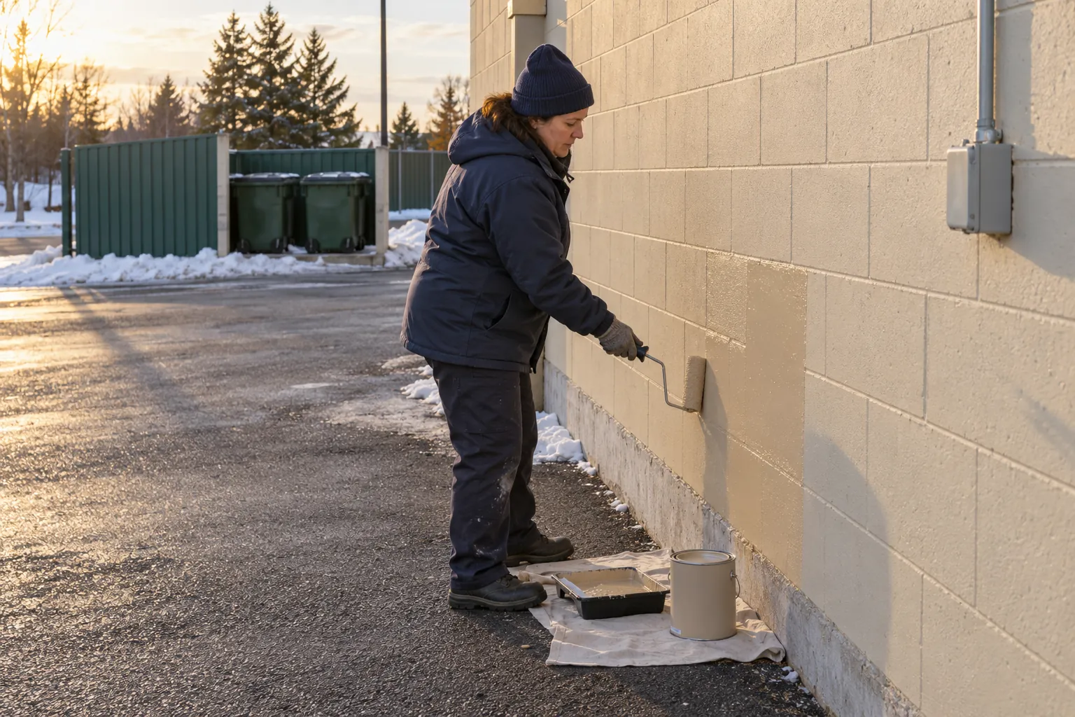 A custodian in a parka and toque rolling beige paint over a patch on a block wall beside a loading area, with plowed snow along the lot.