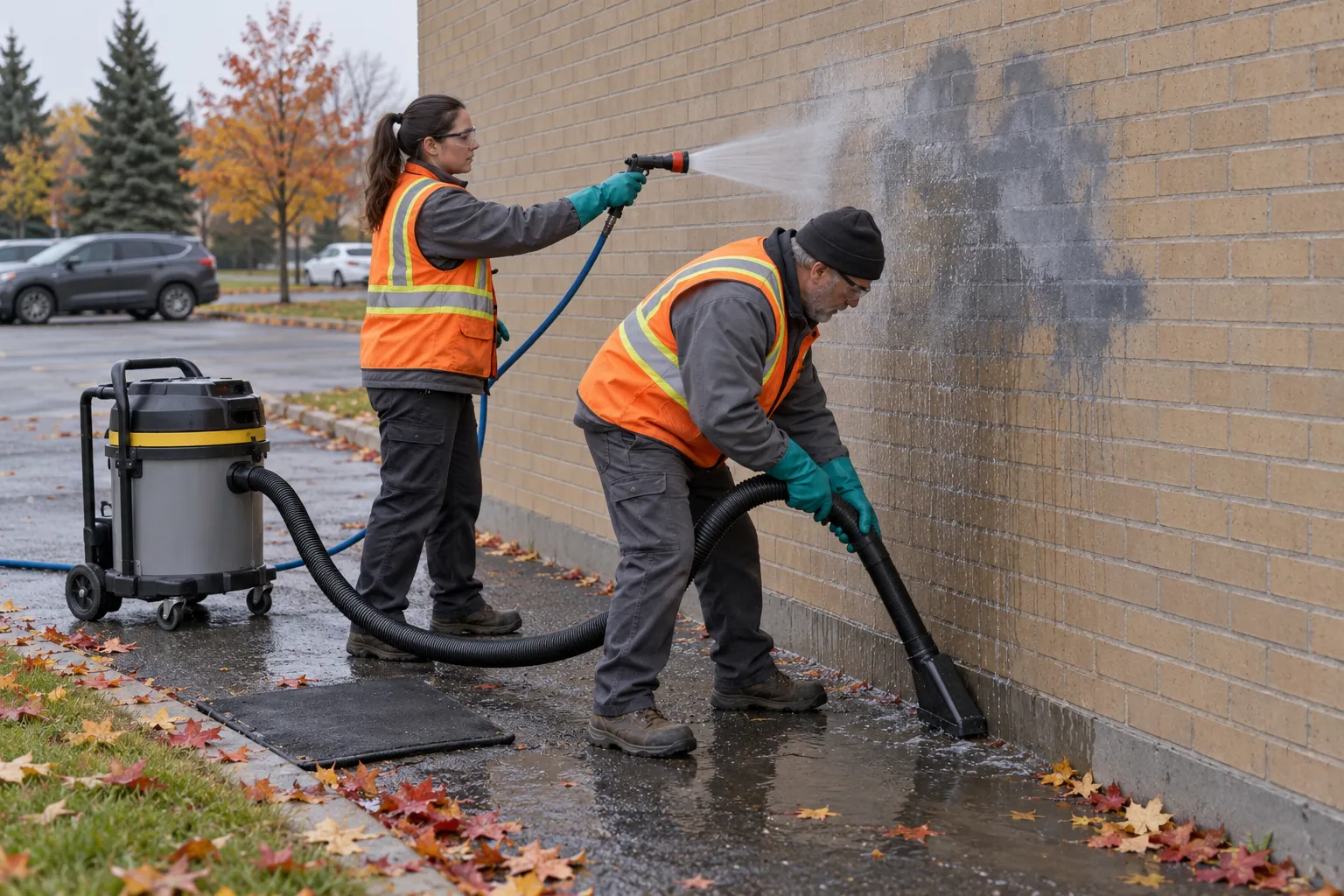 Two maintenance workers in high-visibility vests rinsing faded paint off a brick office wall while a wet vacuum collects the runoff beside a covered drain.