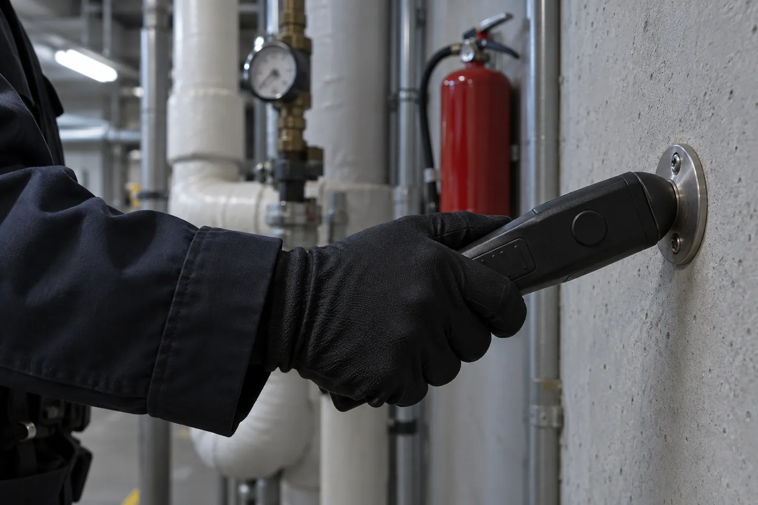 A gloved hand touching a handheld patrol wand to a metal checkpoint button on a mechanical room wall.