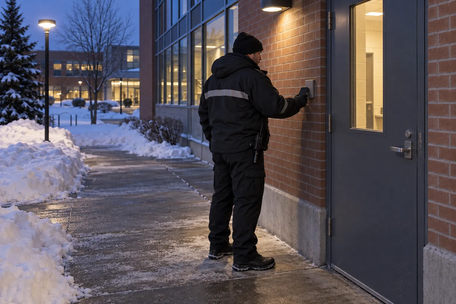 A security guard in a winter parka holding a phone to a small checkpoint tag beside a college side door at dusk, with snow on the ground.