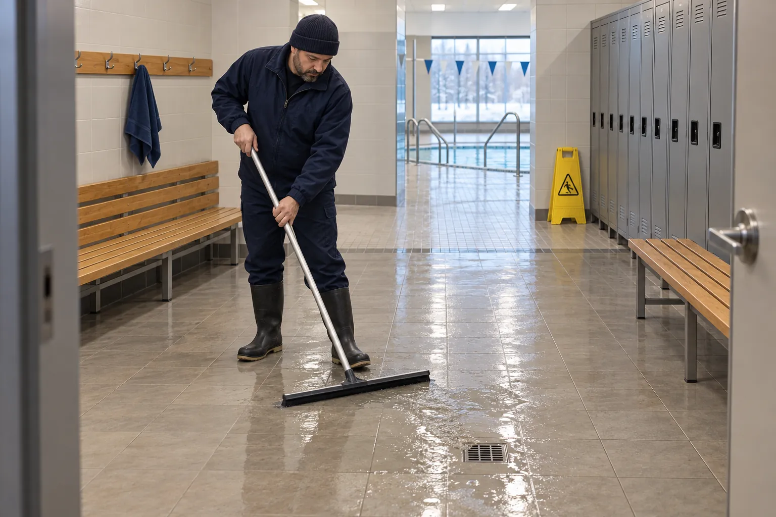 A custodian squeegeeing water towards a drain across a change room floor, benches and lockers behind and a wet floor sign standing nearby.