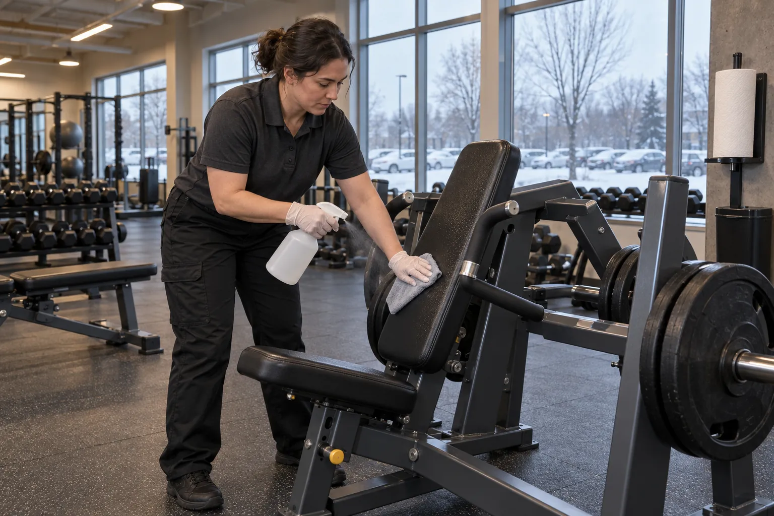 A janitorial worker in gloves wiping the seat pad of a strength machine in an empty recreation centre weight room, snow visible through the windows.