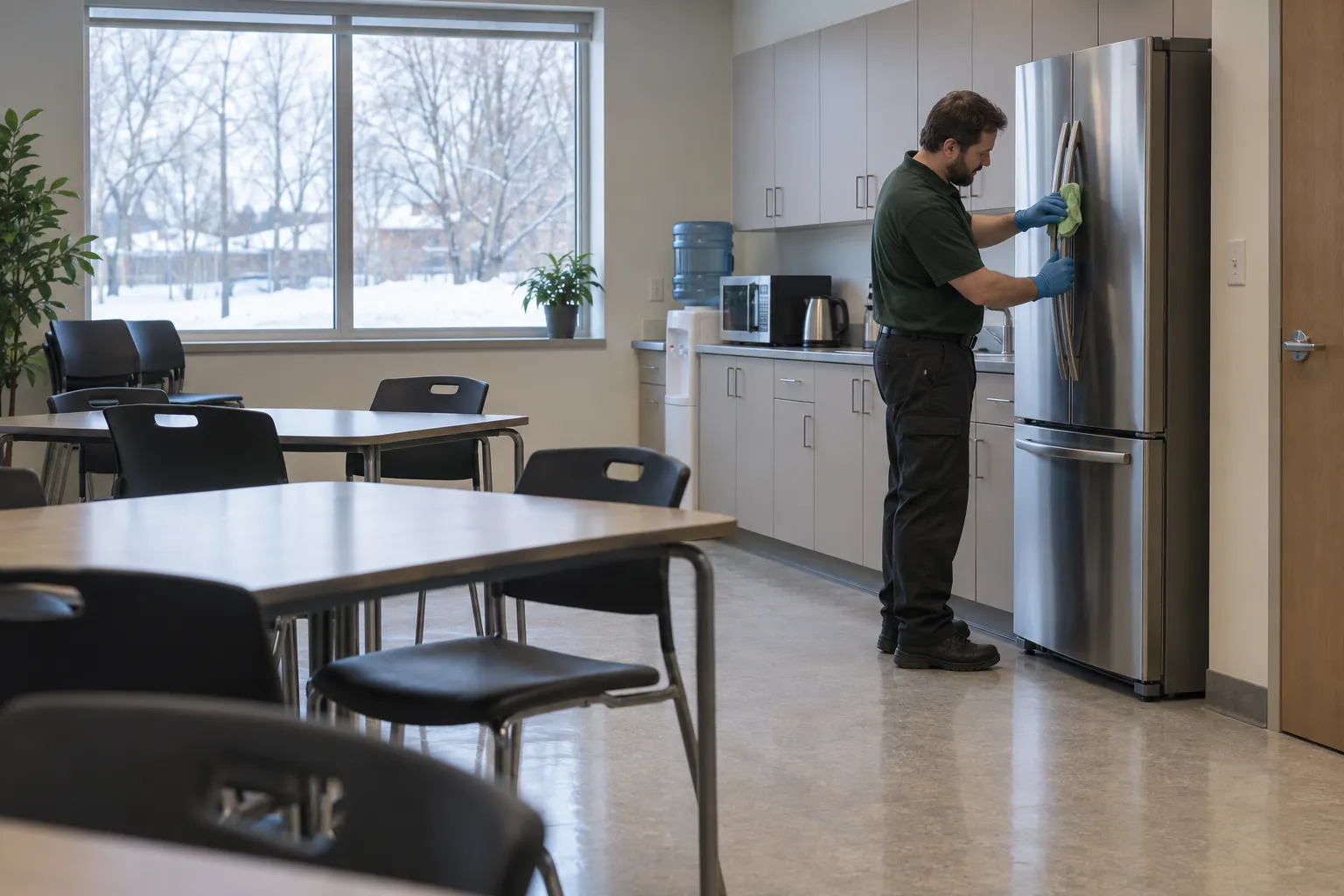 A worker in gloves wiping a fridge handle in a staff lunchroom, with a microwave, kettle and water cooler on the counter and empty tables in front.