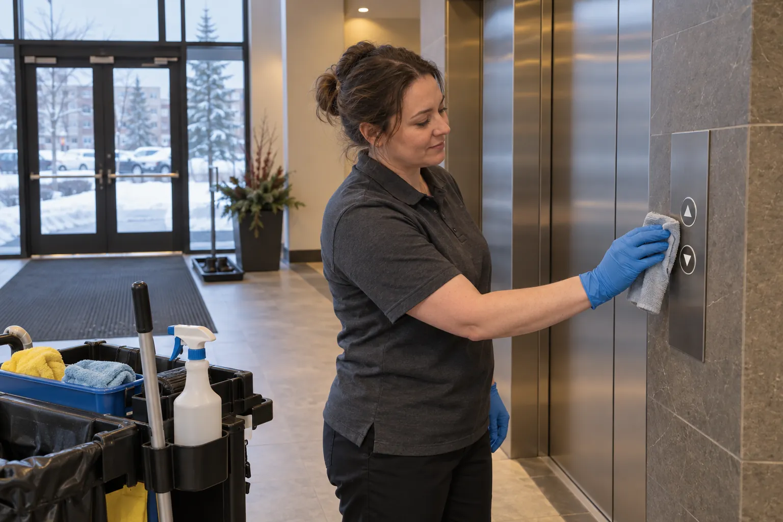 A custodian in gloves wiping the call buttons beside elevator doors in an office lobby, with a cleaning cart beside her.