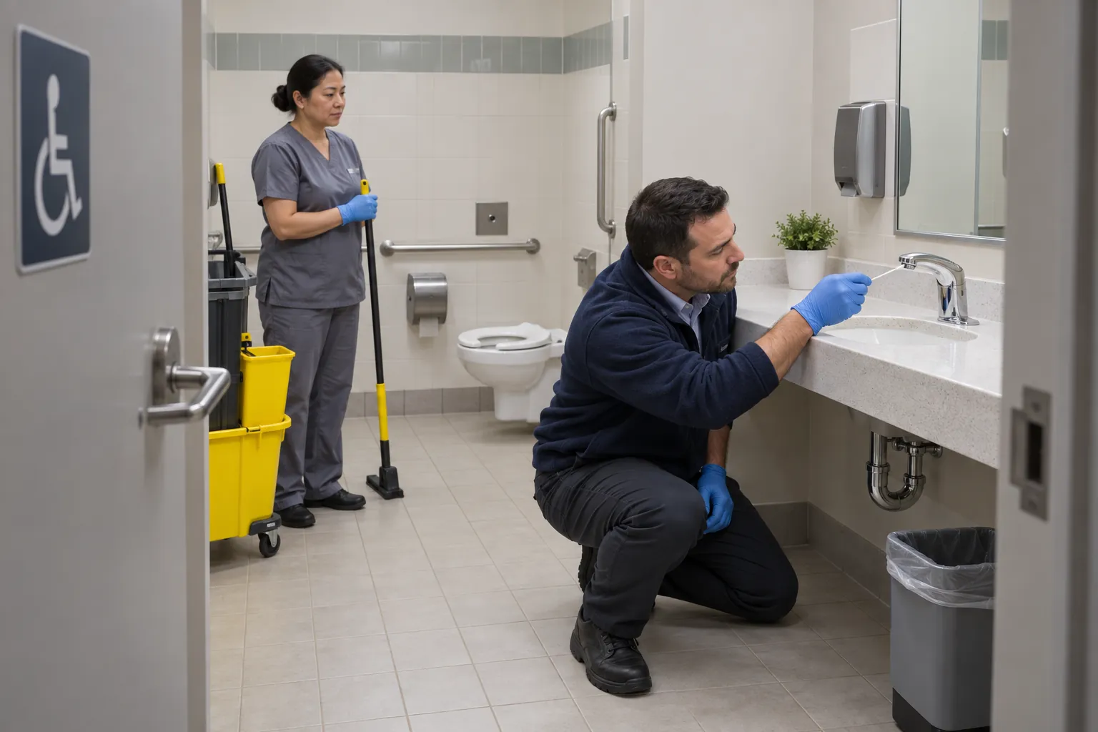 A supervisor swabbing a washroom tap while a custodian waits beside a mop bucket.