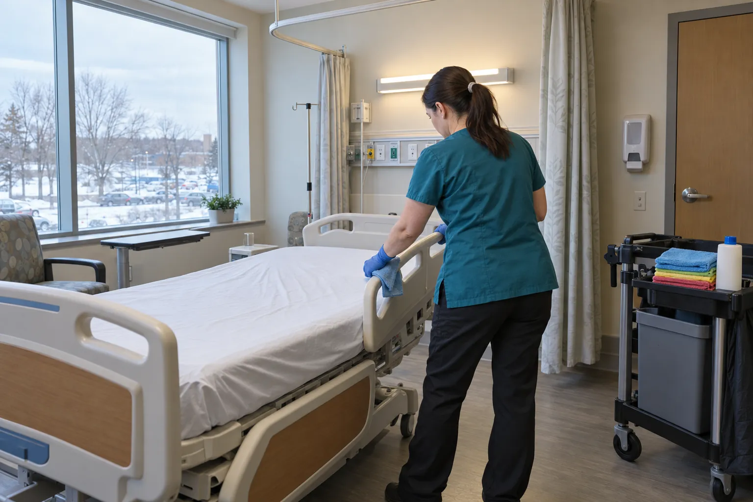 An environmental services worker in gloves wiping the bedrail of an empty stripped hospital bed beside a housekeeping cart.