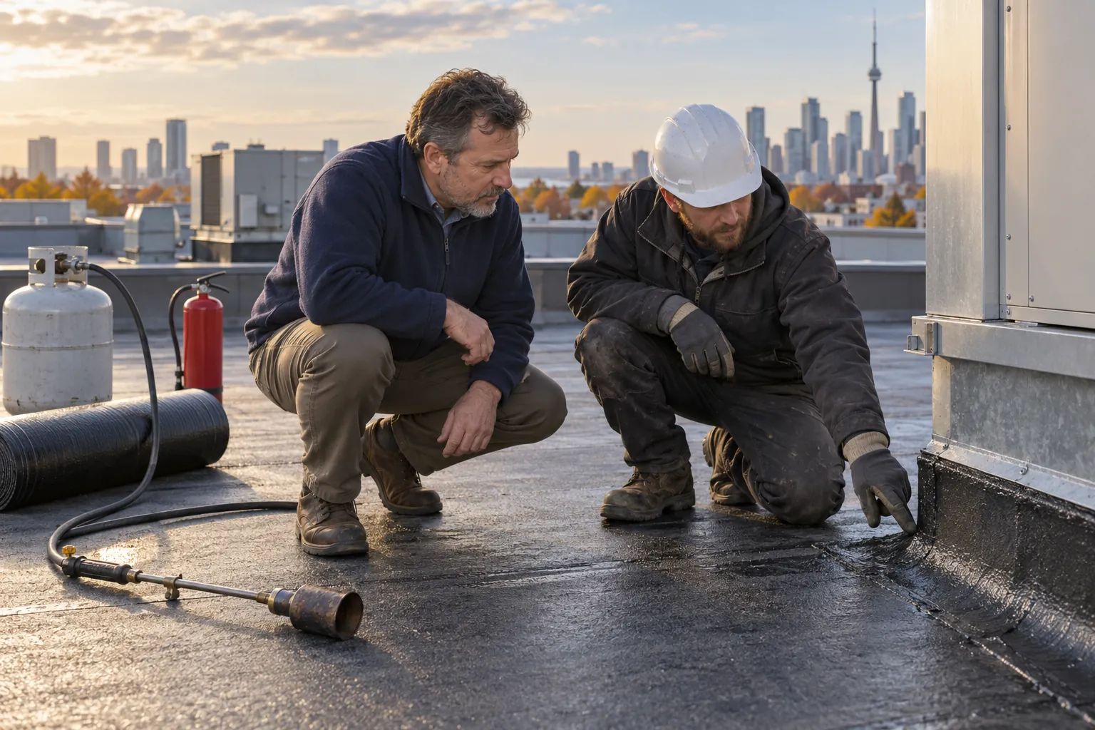 A facility manager and a roofing contractor crouched on a flat roof inspecting a freshly sealed membrane seam, with a fire extinguisher and propane cylinder nearby.
