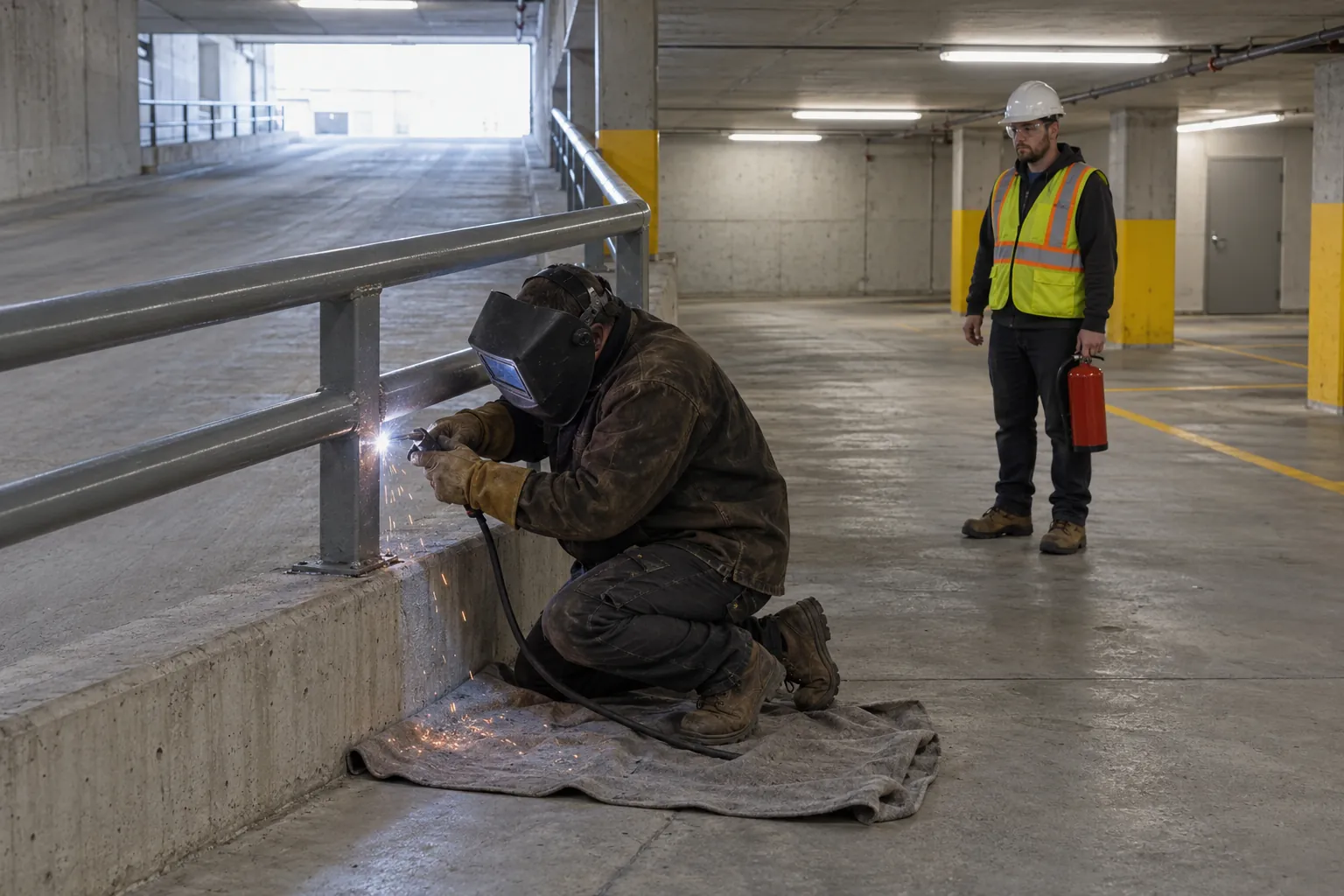 A welder repairing a steel guardrail in an underground parking garage while a fire watcher with an extinguisher stands a few metres back watching the work.