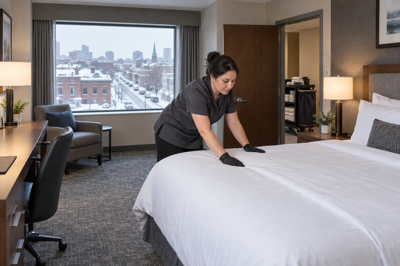 A room attendant in gloves smoothing a white duvet on a hotel bed, a housekeeping cart across the open doorway and a snowy street through the window.