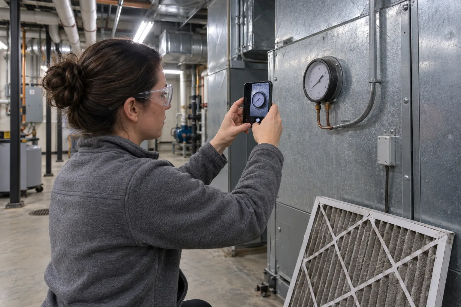 A woman photographing the pressure gauge on an air handling unit in a basement mechanical room, with a used filter at her feet.