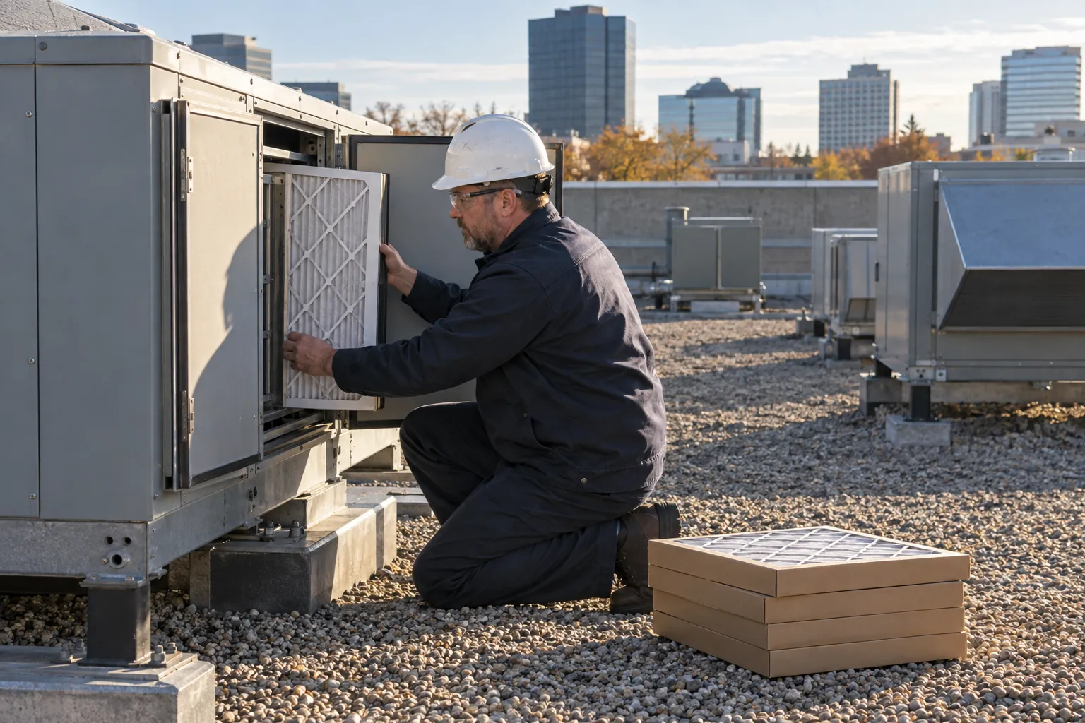 A building operator on an office roof sliding a new pleated filter into the open access door of a rooftop HVAC unit.