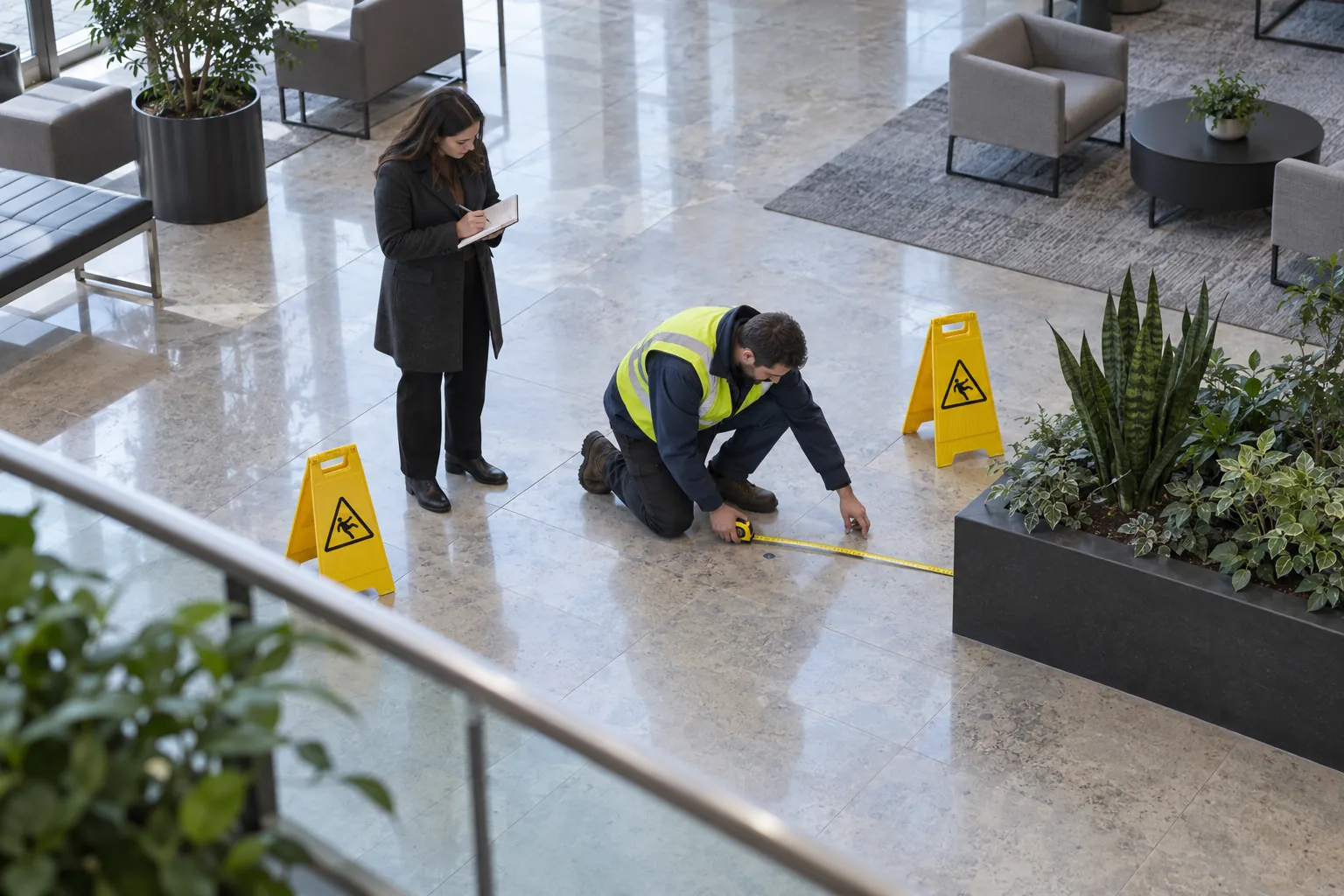A technician kneeling to measure a coned-off spot on an atrium floor while a property manager stands beside him taking notes.