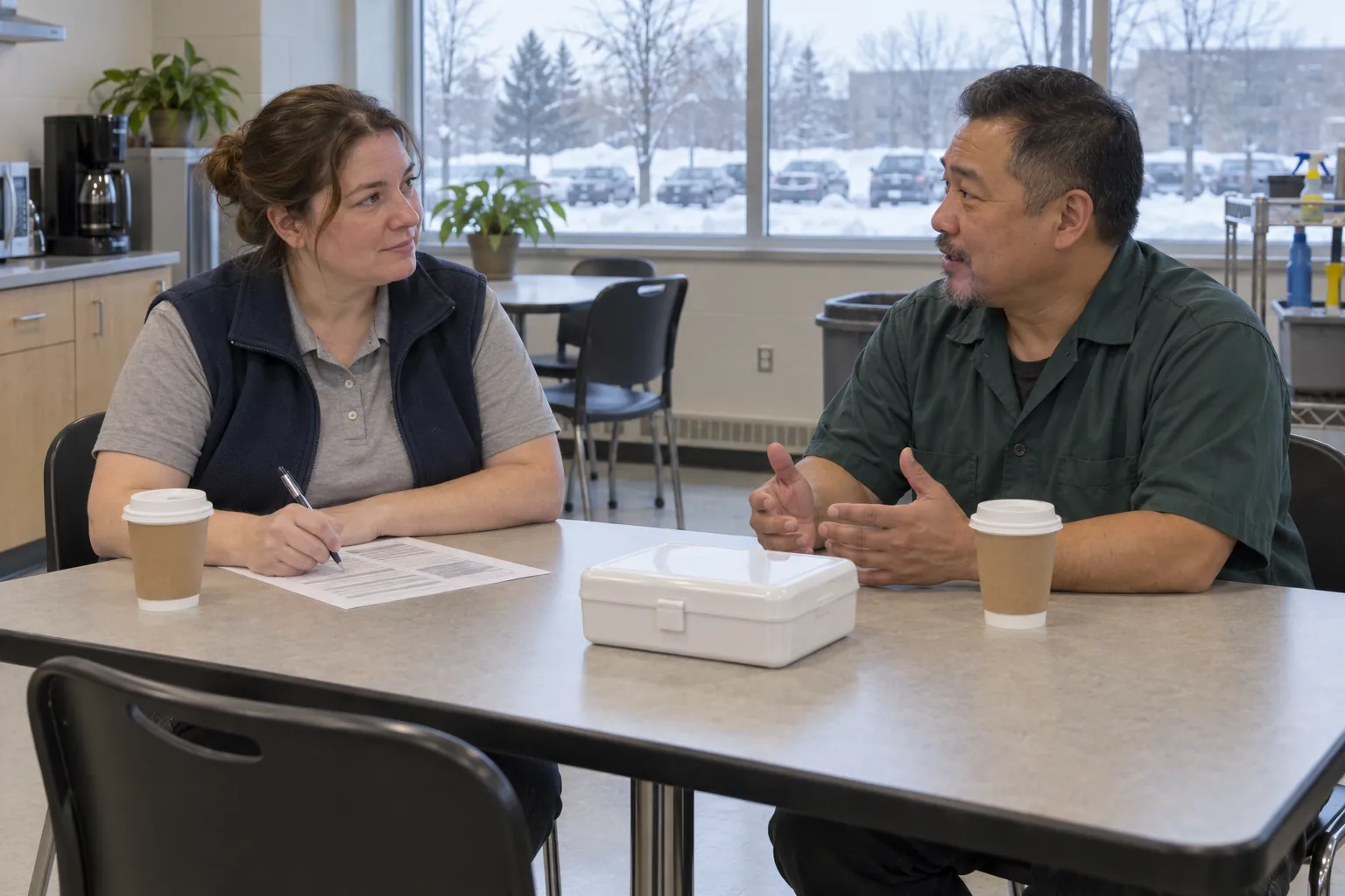 A janitorial supervisor writing on a form at a lunchroom table while a custodian across from her describes what happened.