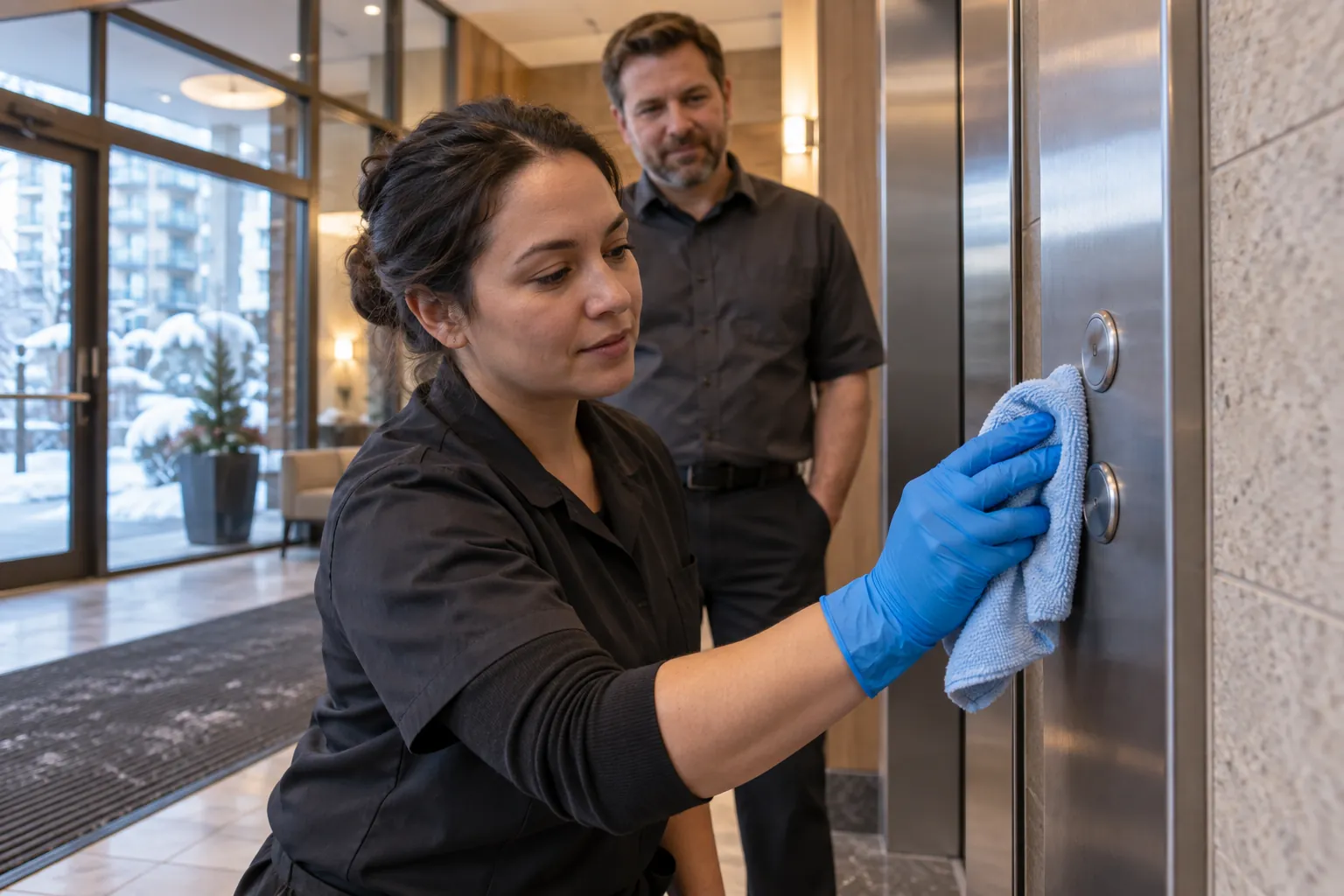 A cleaner in a blue glove wiping an elevator call panel while a supervisor watches, with a snowy entrance behind.