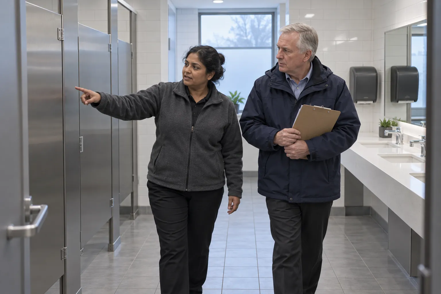 A janitorial supervisor and a property manager inspecting a clean office washroom together, one pointing at a partition.