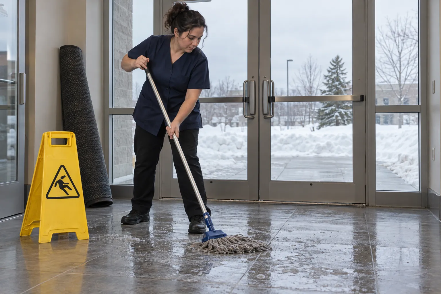 A cleaner mopping salt marks from a vestibule floor beside a wet-floor sign, with snow outside the glass doors.