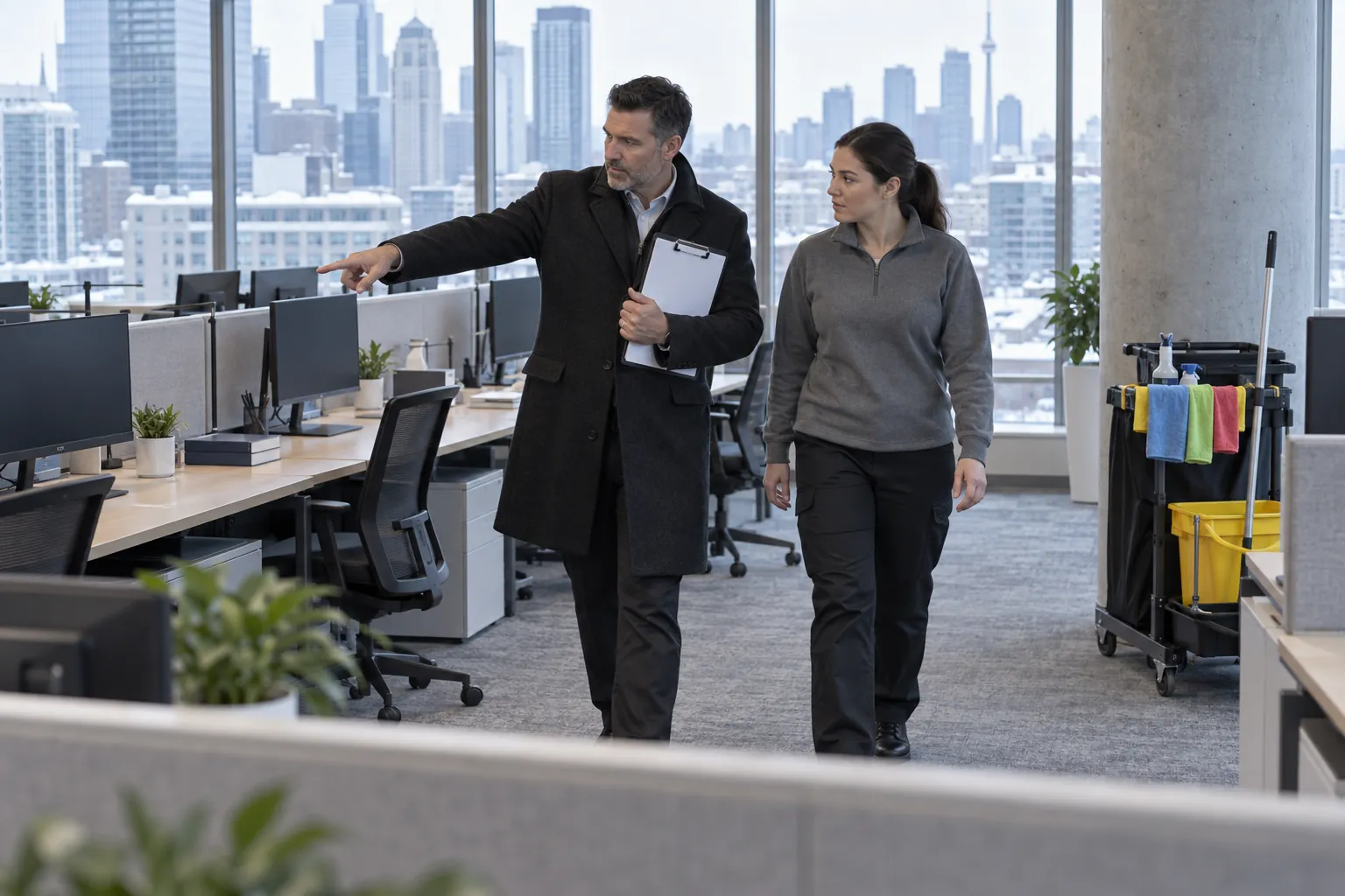 A property manager and a cleaning contractor walking an empty office floor together on a winter morning, a janitorial cart parked nearby.