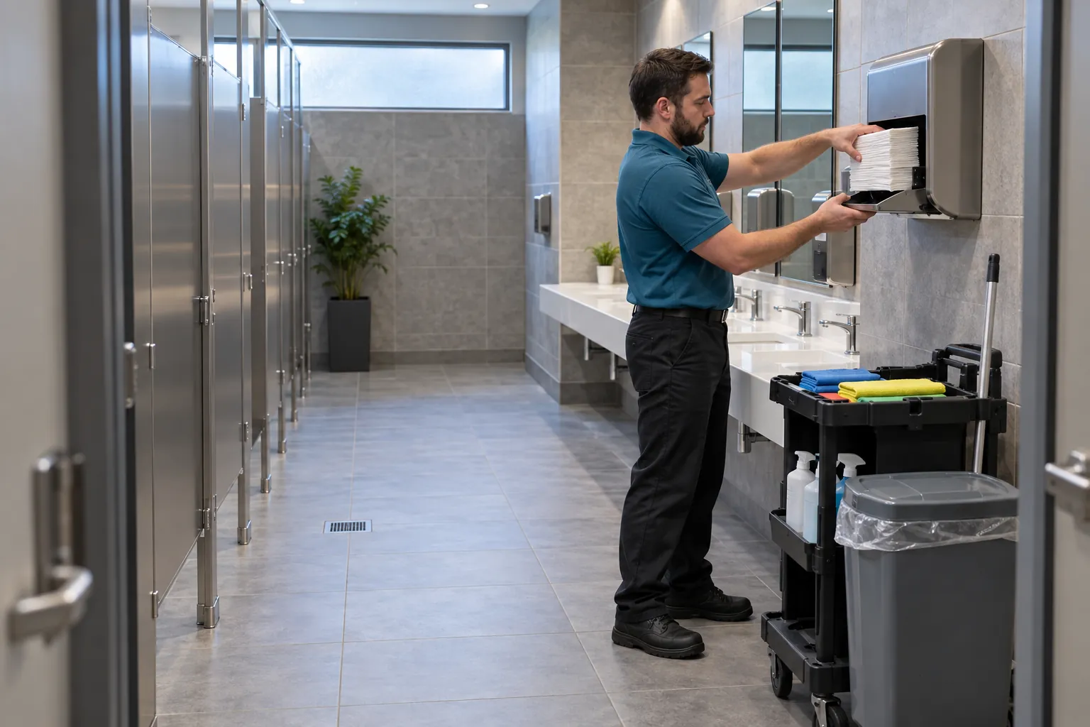 A day porter restocking a paper towel dispenser in a clean office washroom beside a janitorial cart.