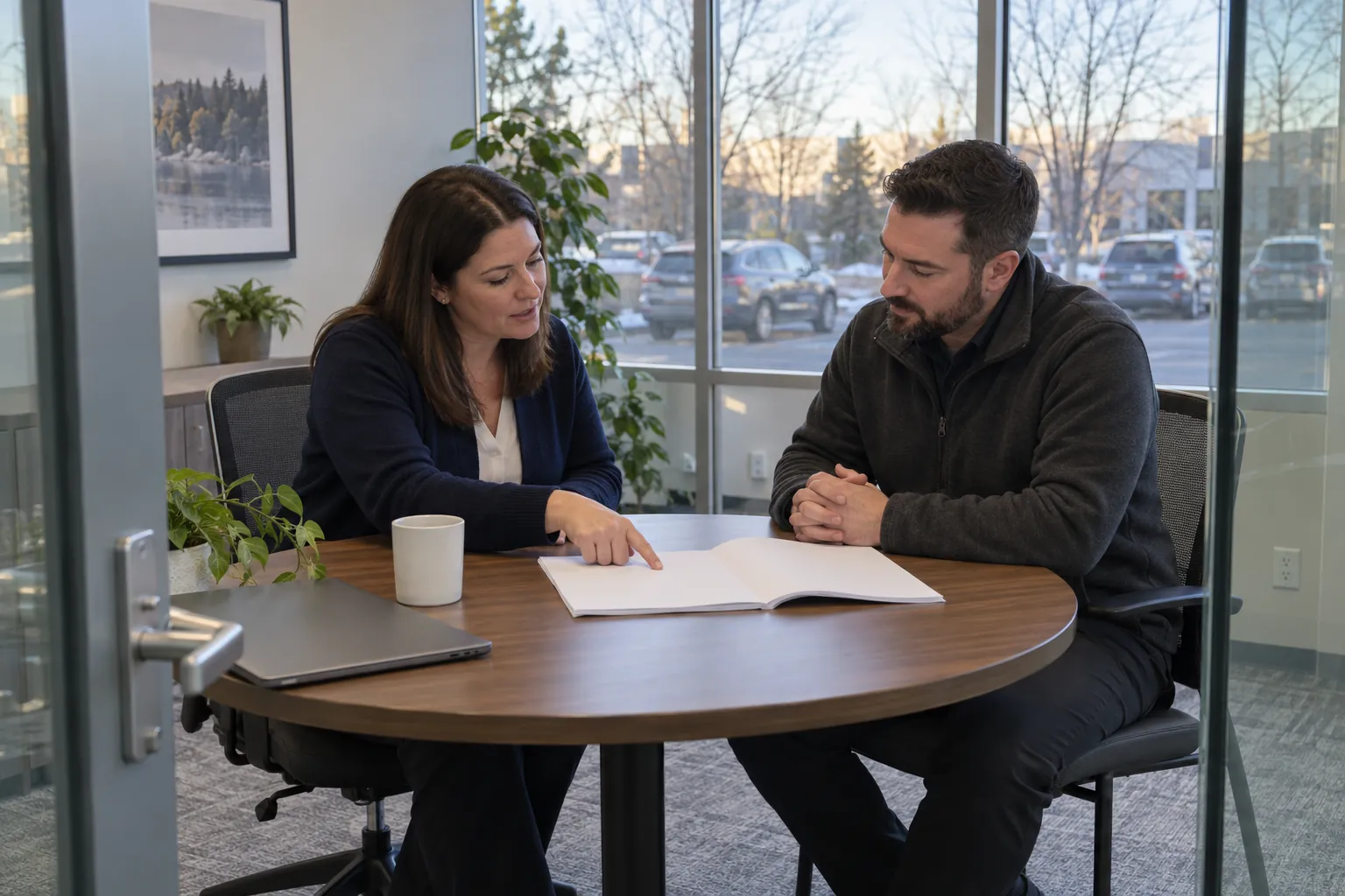 A property manager and a cleaning contractor's account manager going through an agreement at a meeting table.