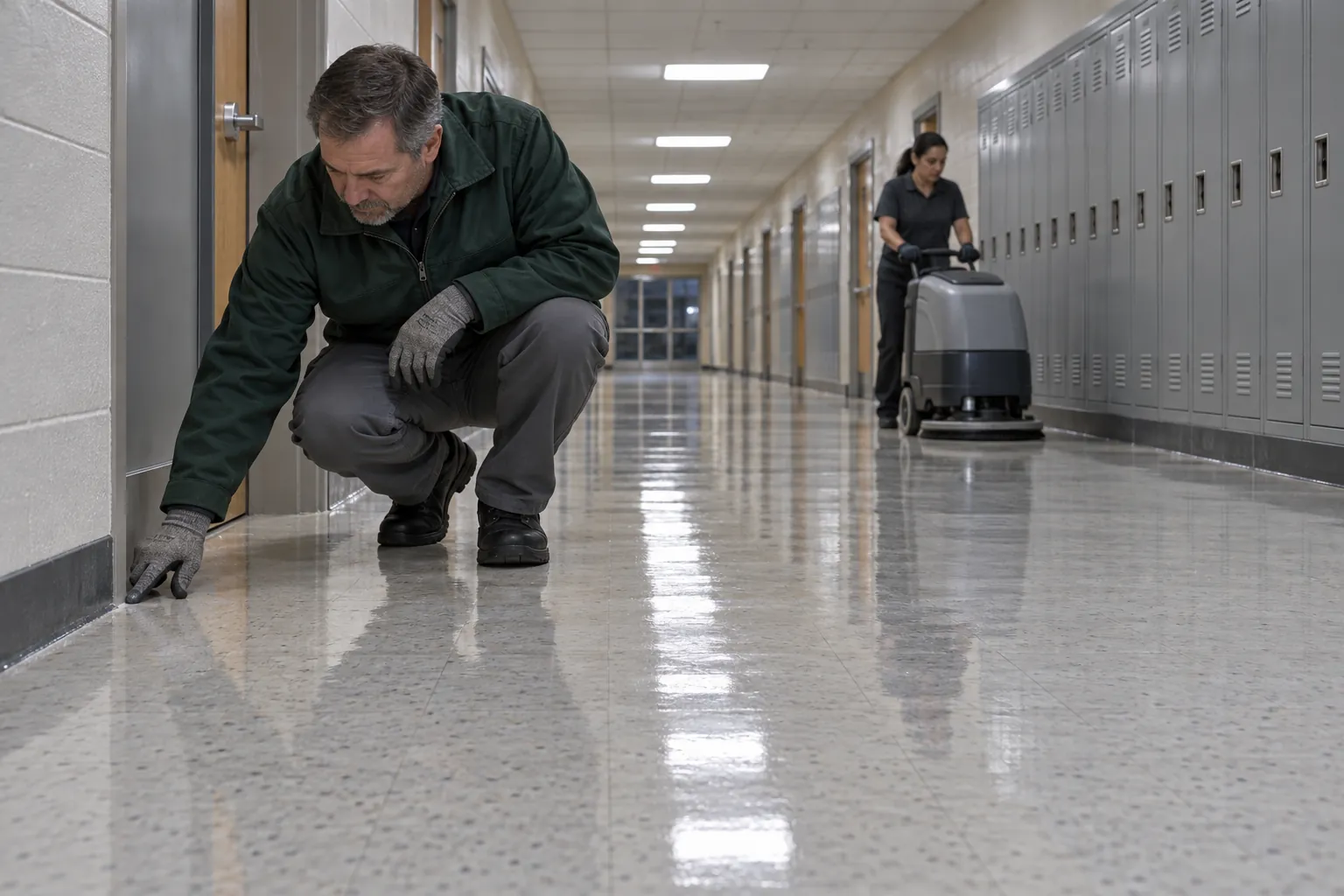 A supervisor crouching to check a polished school corridor floor while a cleaner runs an auto-scrubber further along.