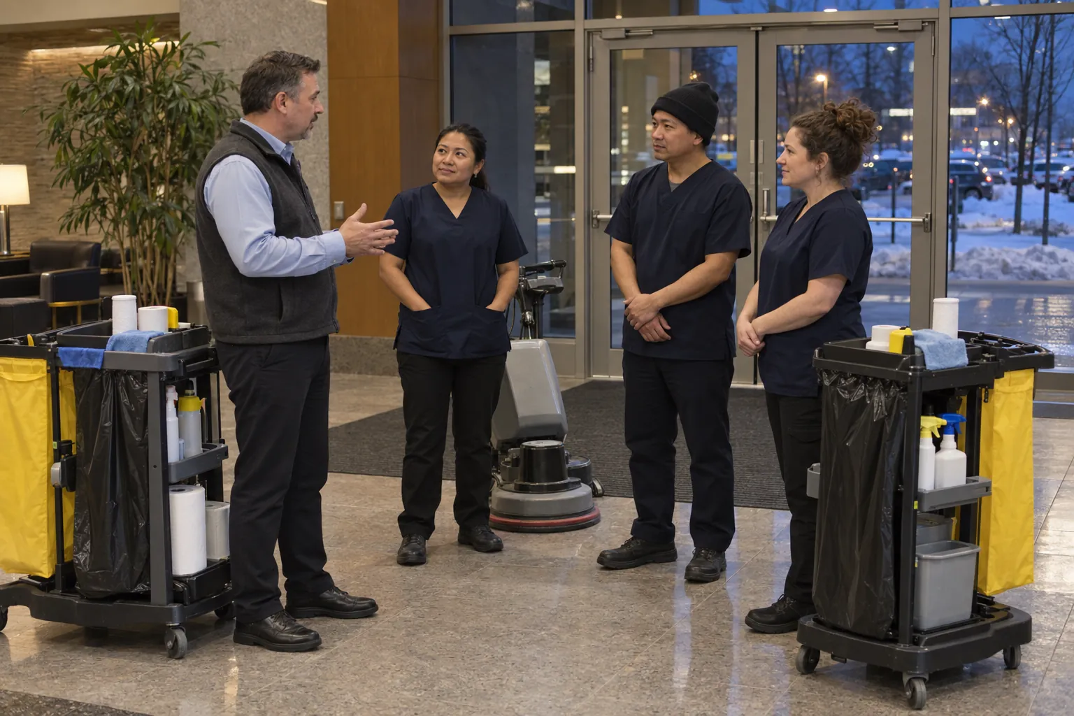 A janitorial supervisor briefing three cleaners beside their carts in an office tower lobby on a winter evening.