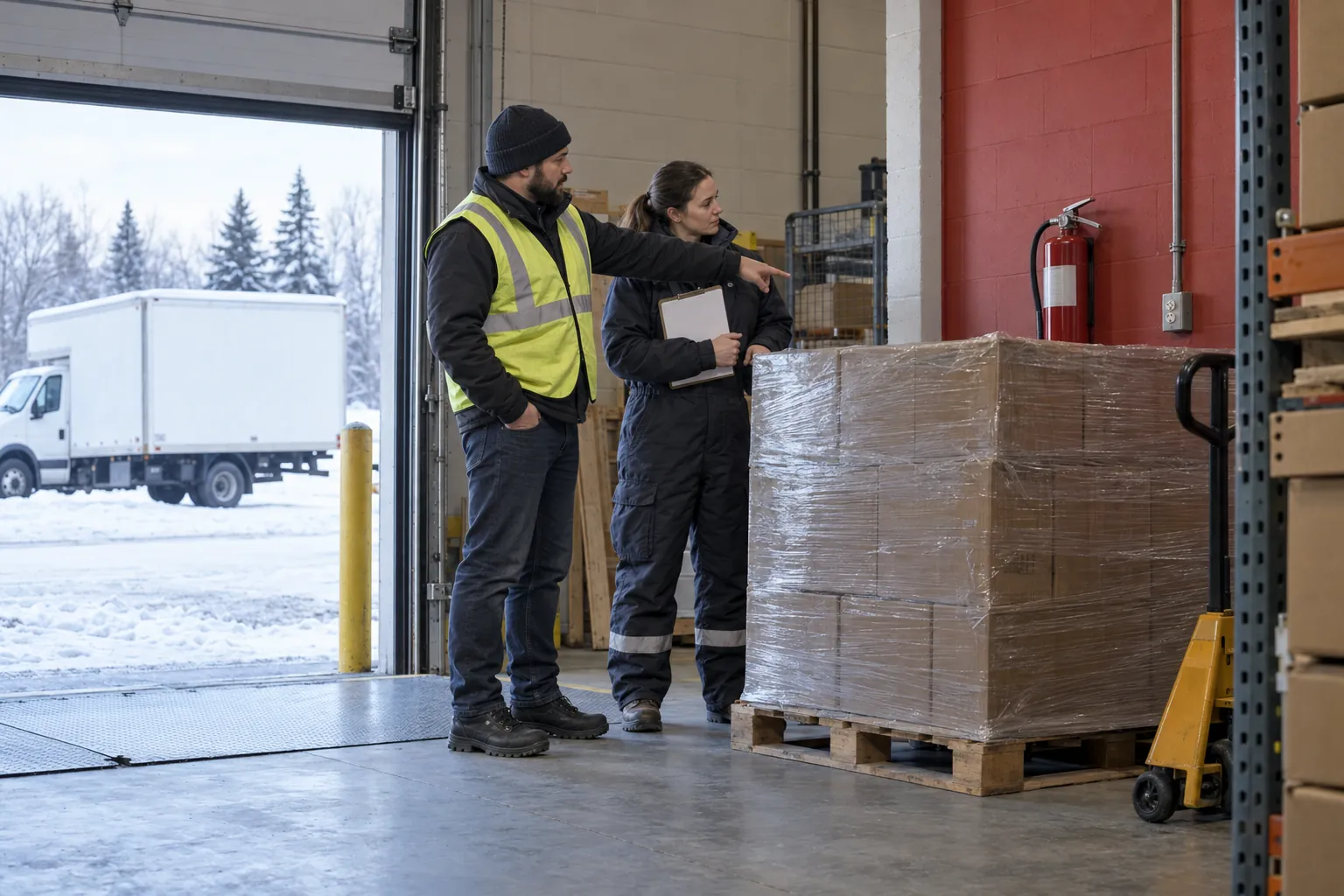 A supervisor pointing at a pallet left in front of a fire extinguisher in a store's receiving area while a worker with a clipboard looks on, snow visible through the loading door.