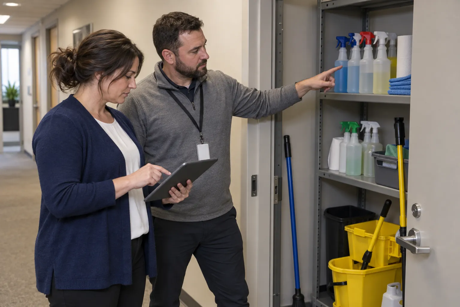 Two committee members inspecting a janitorial closet in an office corridor, one pointing at the shelves while the other takes notes on a tablet.