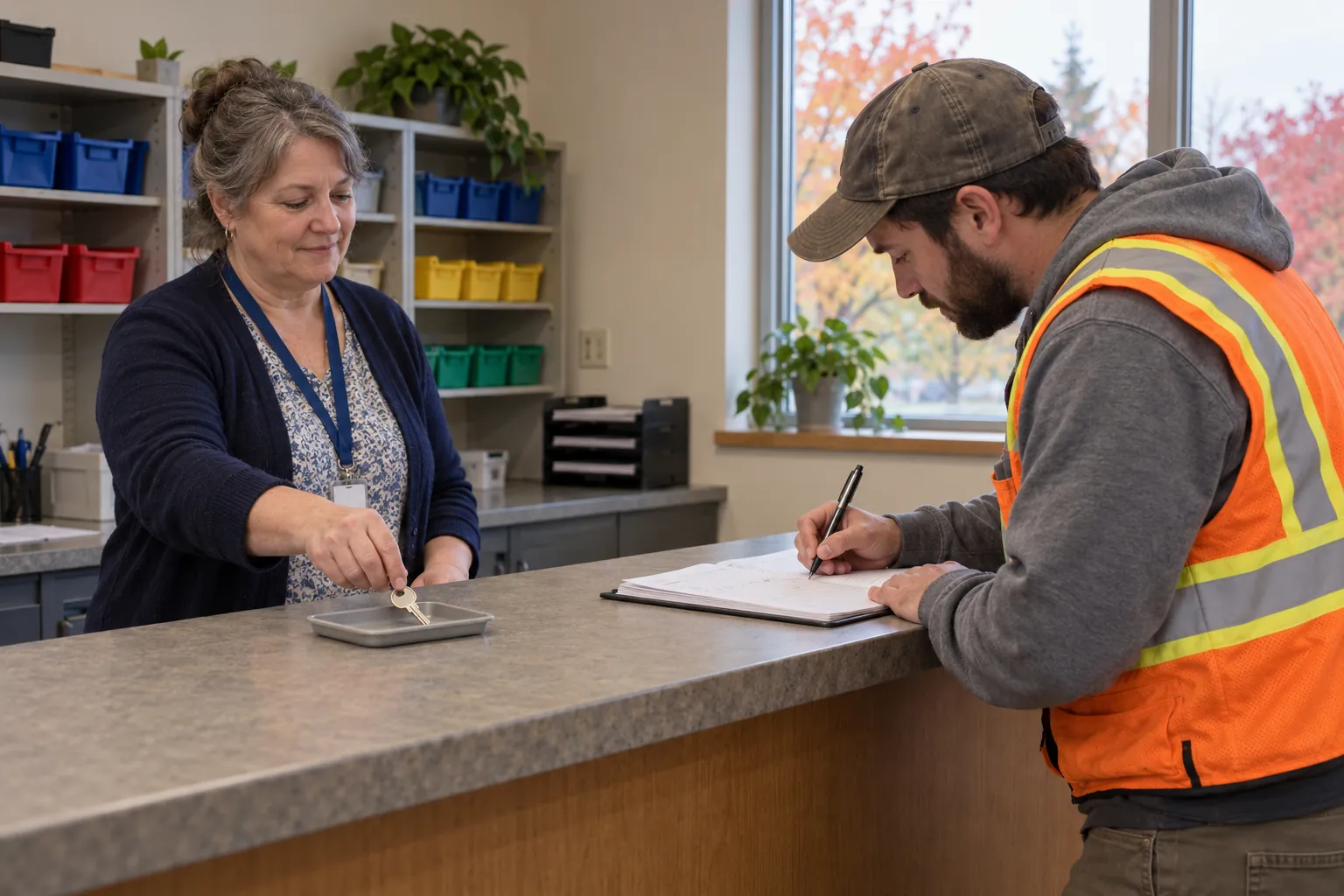 A key control clerk handing a key to a contractor who signs a sign-out book at a university key office counter.