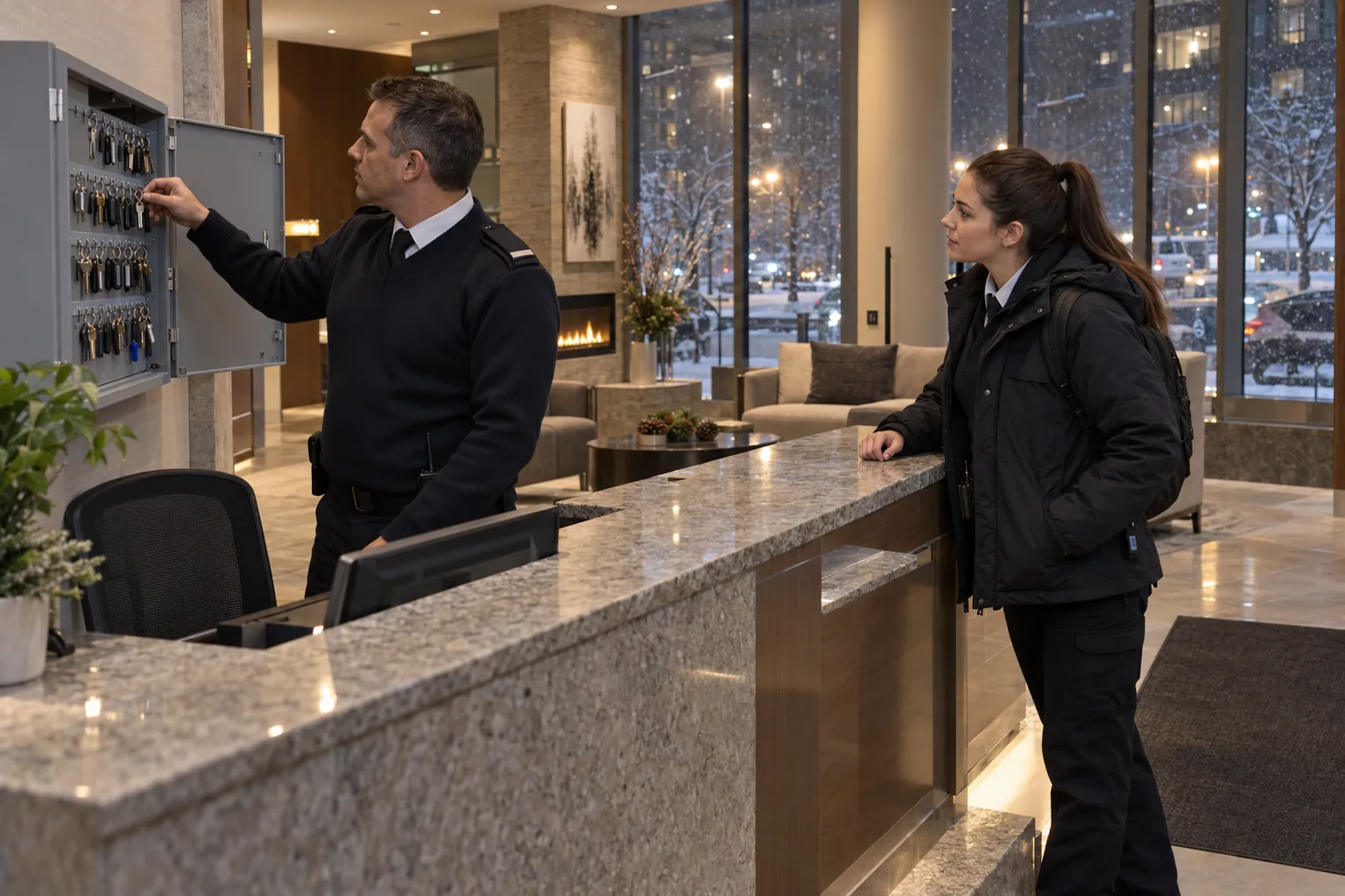 Two security guards at a condominium lobby desk checking the keys in a wall key cabinet at shift change, with snow falling outside.