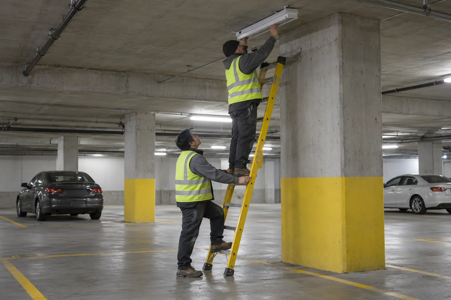 One building operator on an extension ladder reaching a ceiling light in an underground parkade while a colleague steadies the ladder at its base.