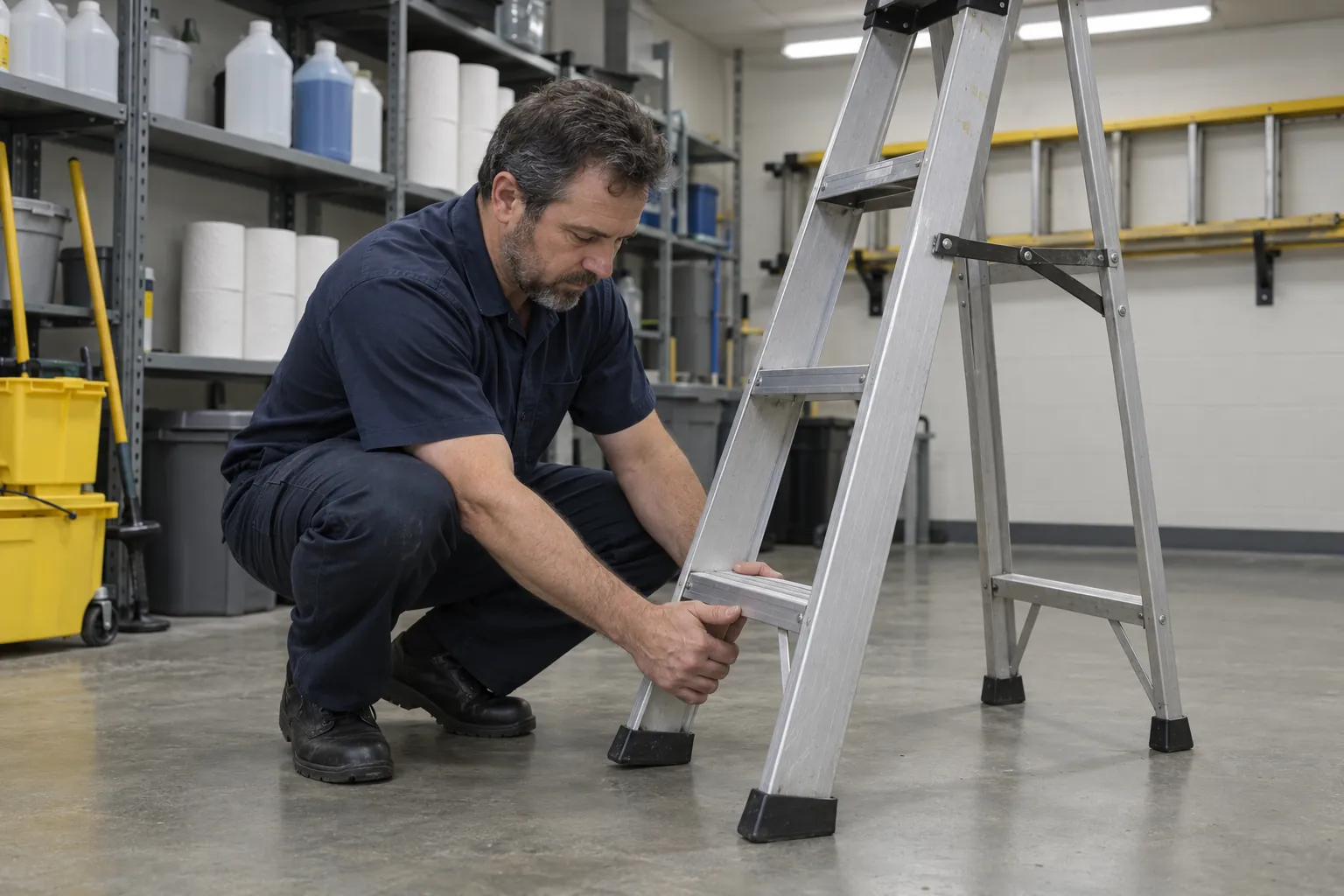 A custodian crouching to inspect the feet of an open aluminum stepladder in a school storeroom, with an extension ladder on a wall rack behind him.