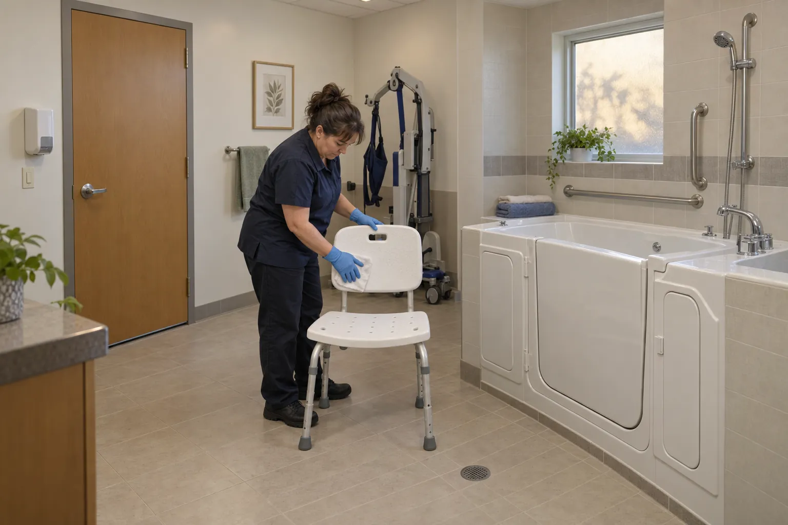 A worker in gloves wiping a shower chair beside a walk-in tub in a tiled tub room, with grab bars on the wall and a lift parked at the side.